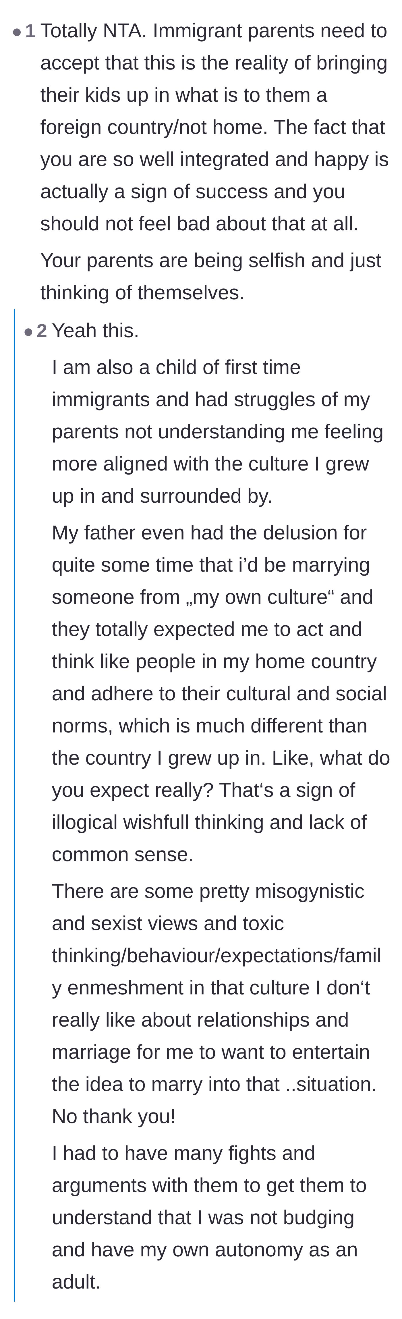 Comment thread 2 - Commenters sharing personal experiences of navigating strict expectations and enmeshment as children of immigrants.