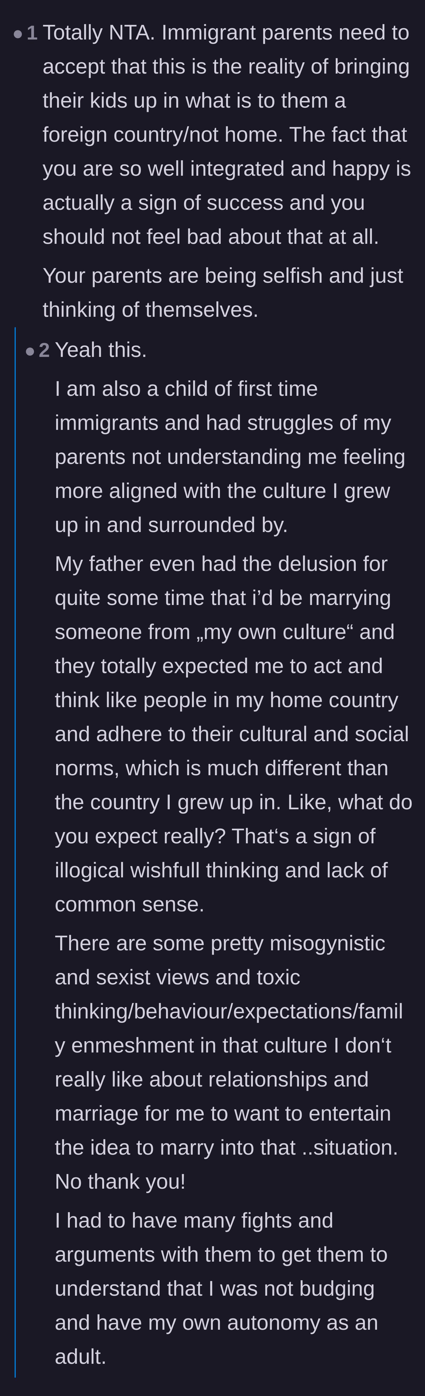 Comment thread 2 - Commenters sharing personal experiences of navigating strict expectations and enmeshment as children of immigrants.