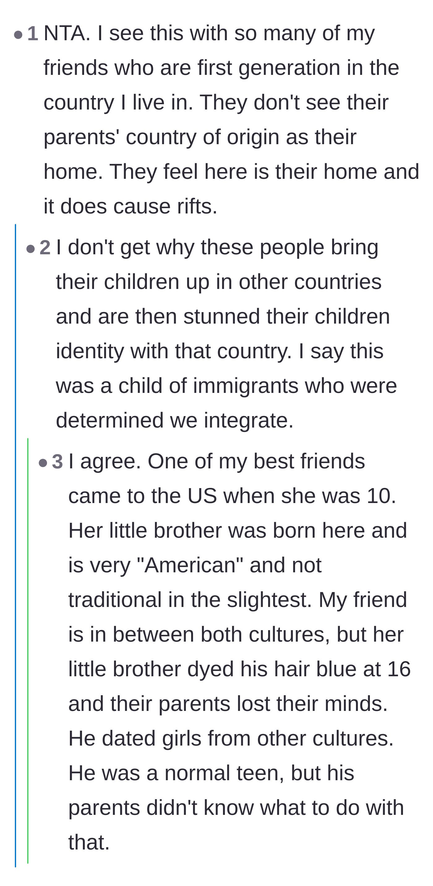 Comment thread 6 - Anecdotes about the culture clash between traditional parents and their fully integrated, modern teenagers.