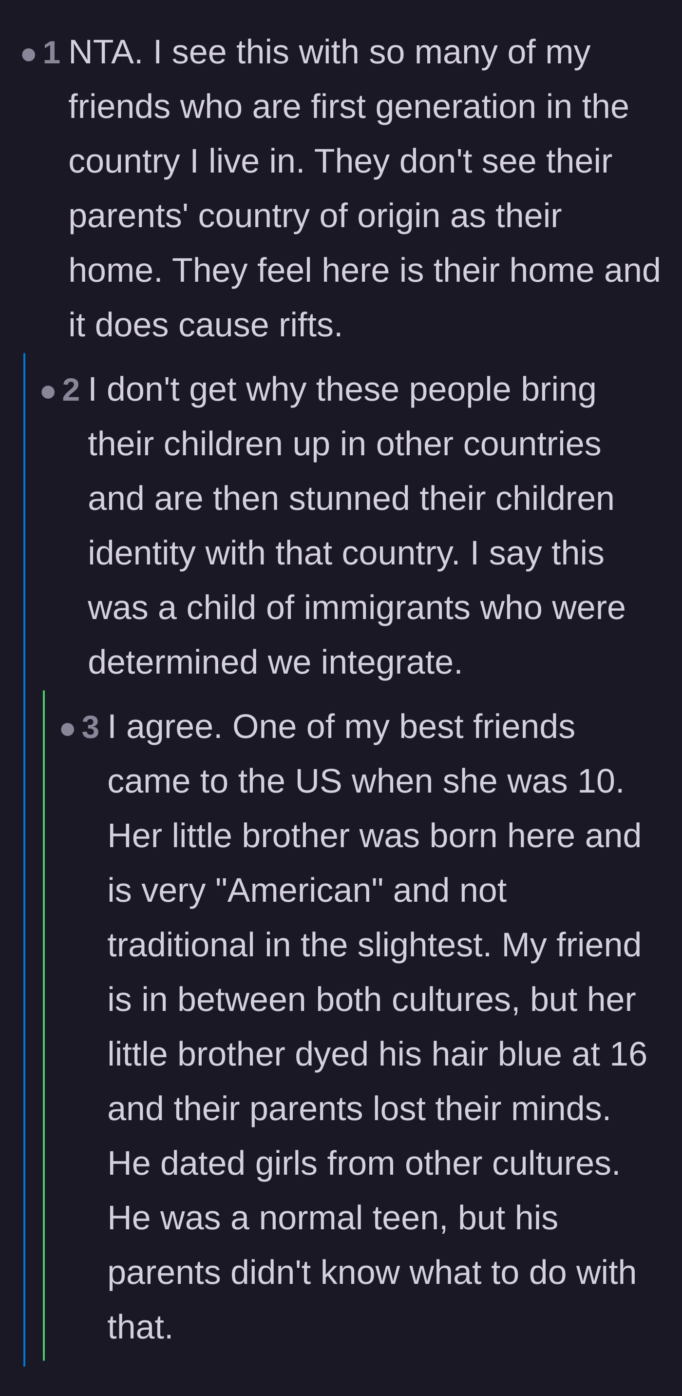 Comment thread 6 - Anecdotes about the culture clash between traditional parents and their fully integrated, modern teenagers.