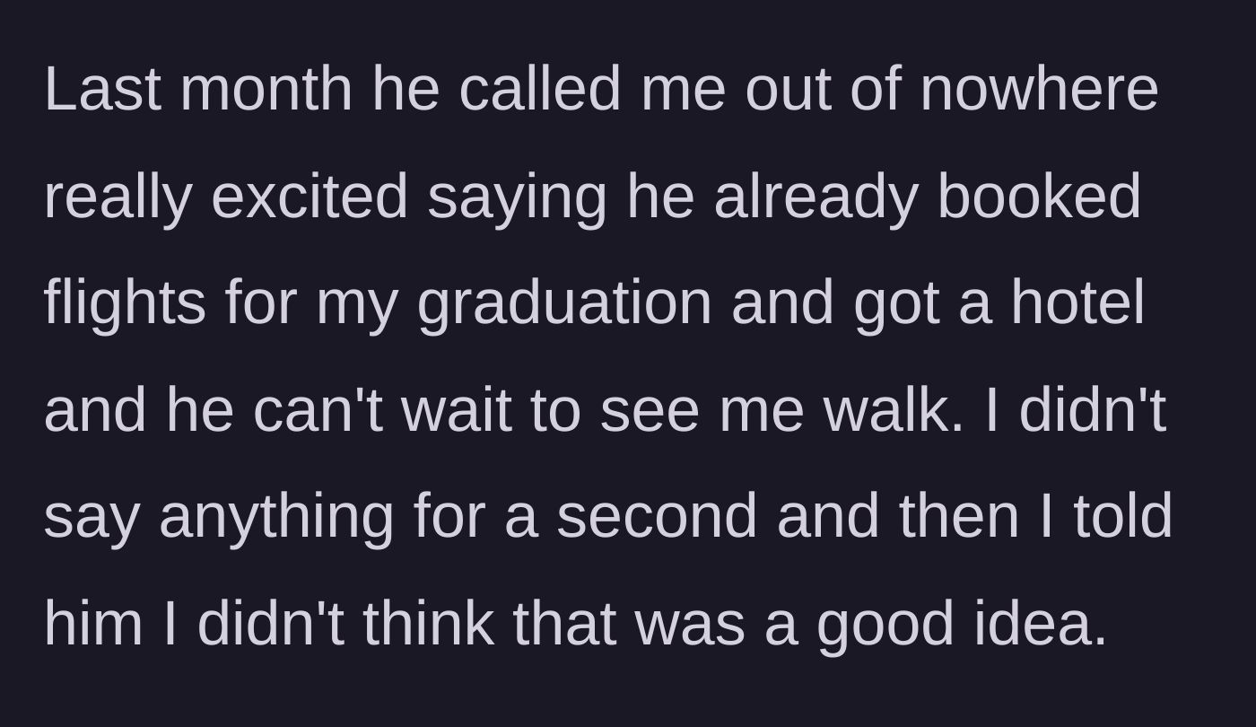 Story part 3 - The absentee father suddenly calls with booked flights for the graduation, but the son tells him not to come.