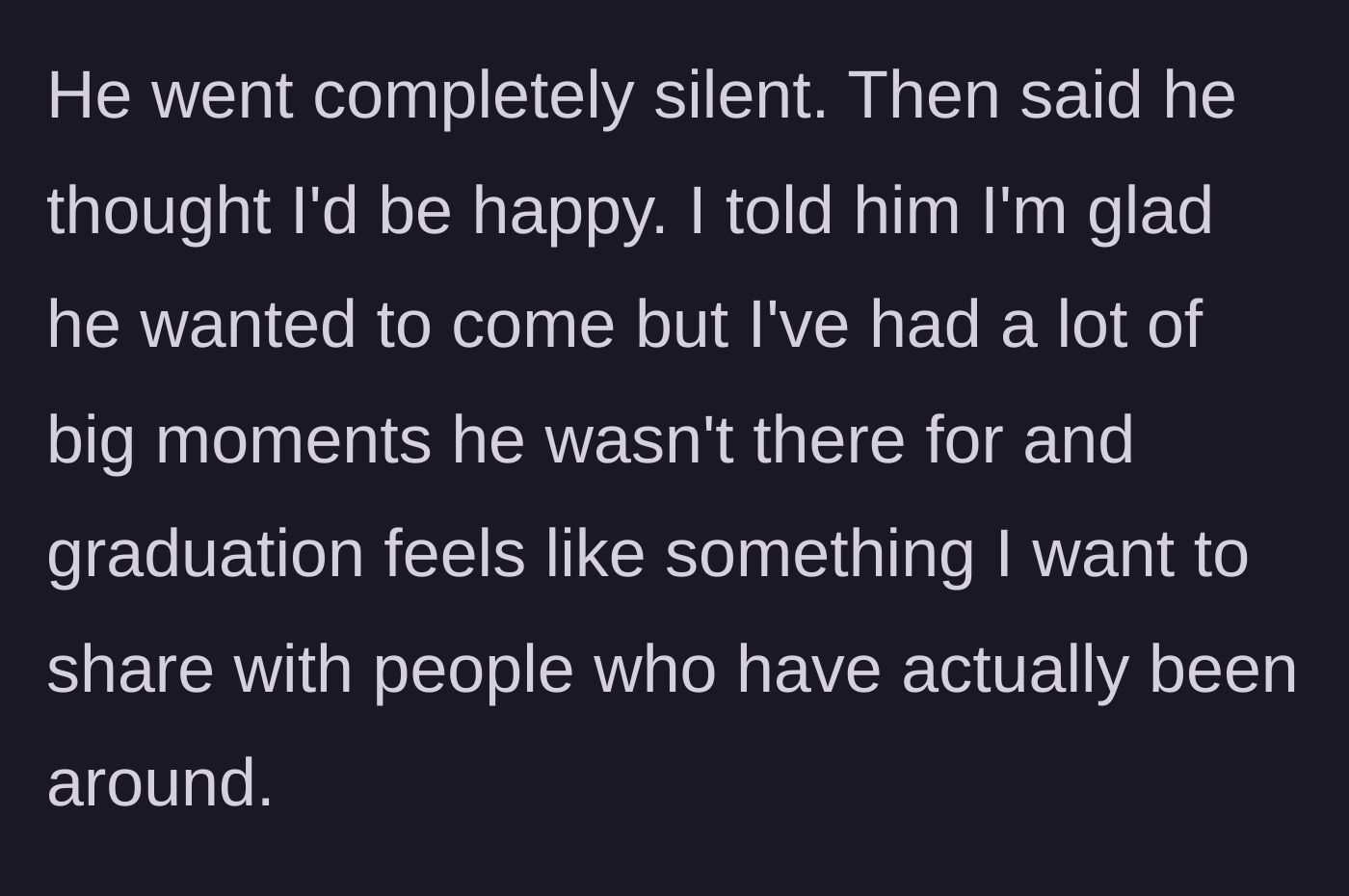 Story part 4 - The father reacts with shocked silence, while the son explains he only wants people who actually supported him there.