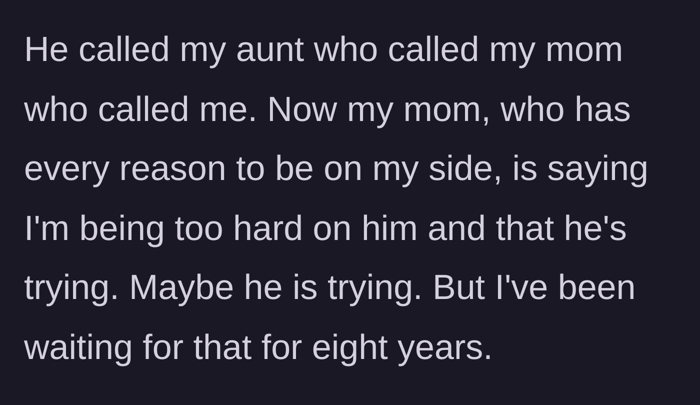 Story part 5 - The father complains to extended family, causing the mother to pressure the son to yield, though the son remains deeply hurt.
