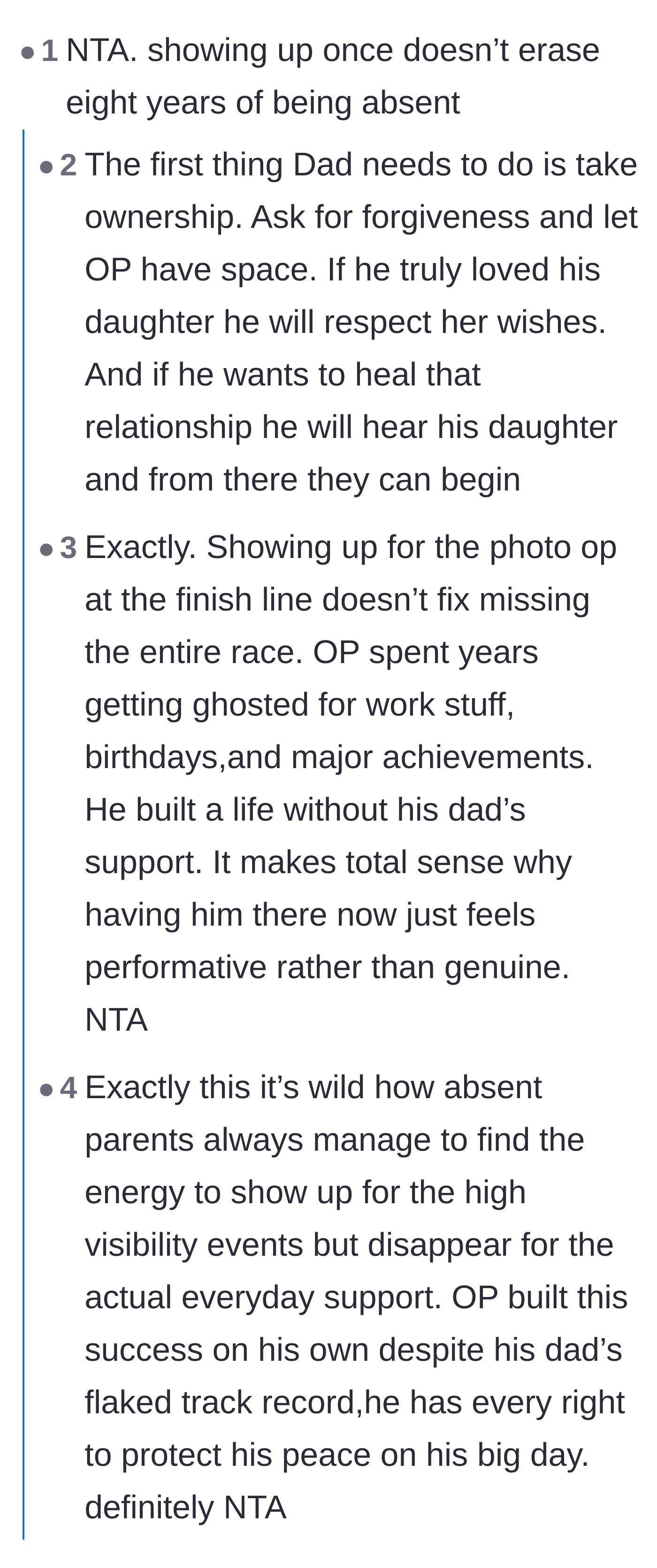 Comment thread 1 - Readers agreeing that showing up for the final celebration doesn't make up for missing years of hard work.