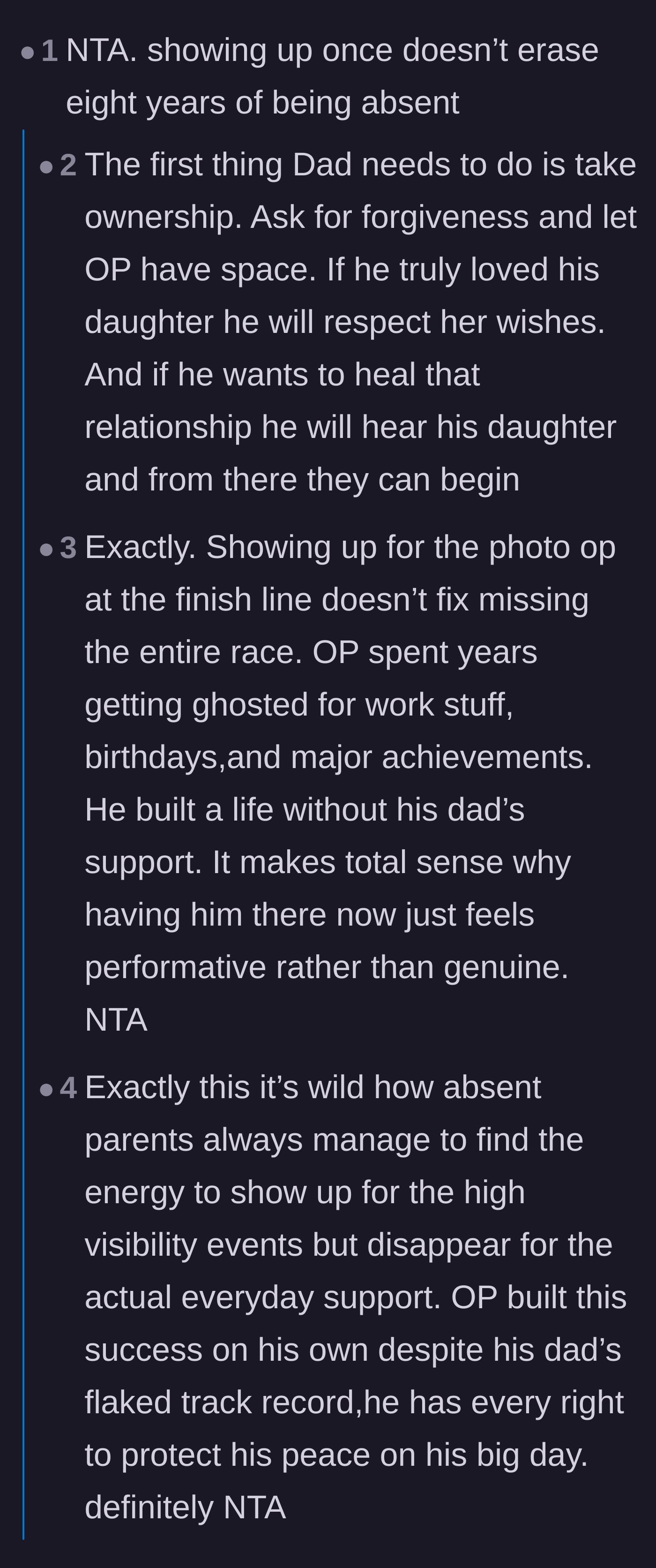 Comment thread 1 - Readers agreeing that showing up for the final celebration doesn't make up for missing years of hard work.