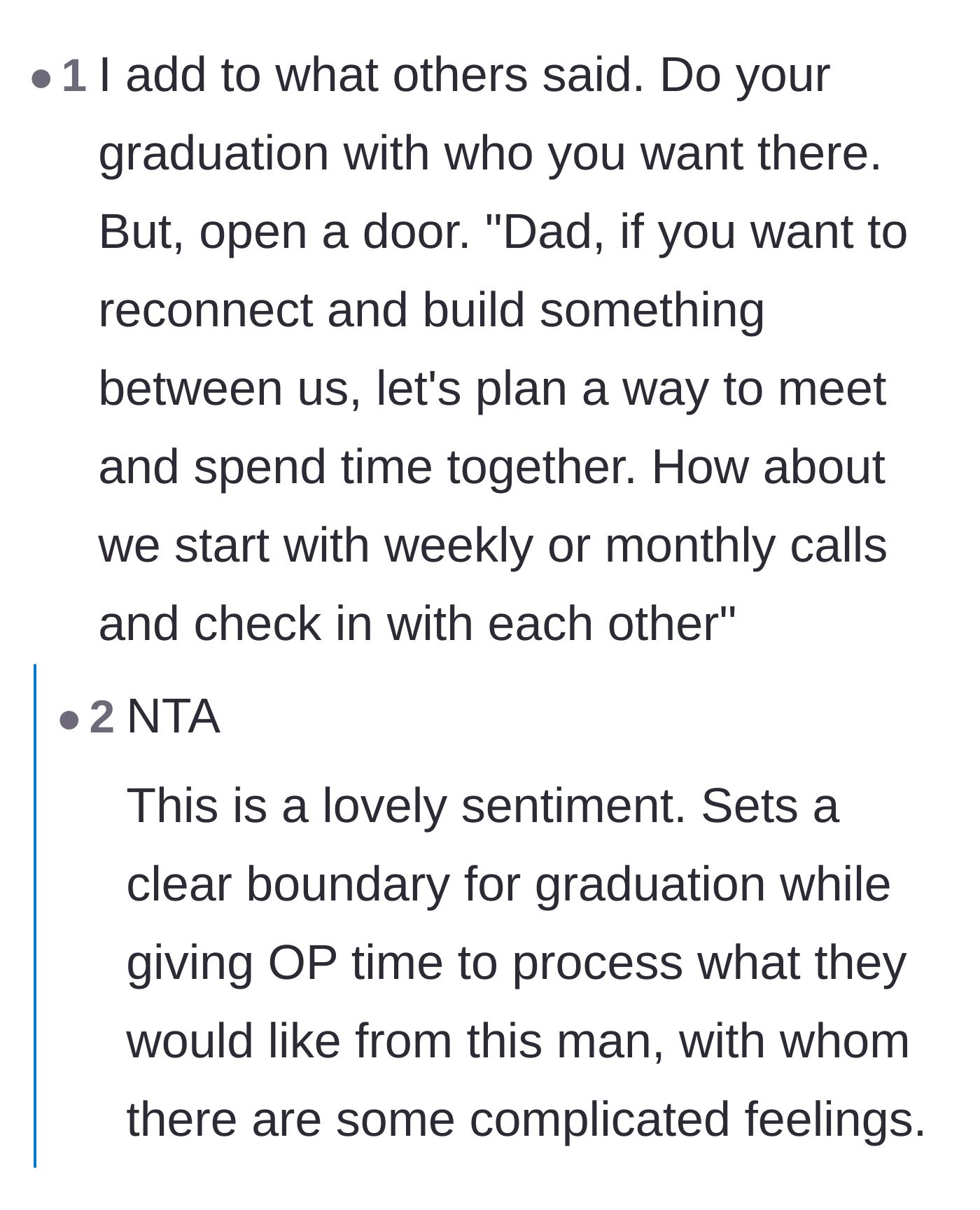 Comment thread 3 - Advice suggesting the son keep the graduation boundary but offer a path for future, smaller reconnections.