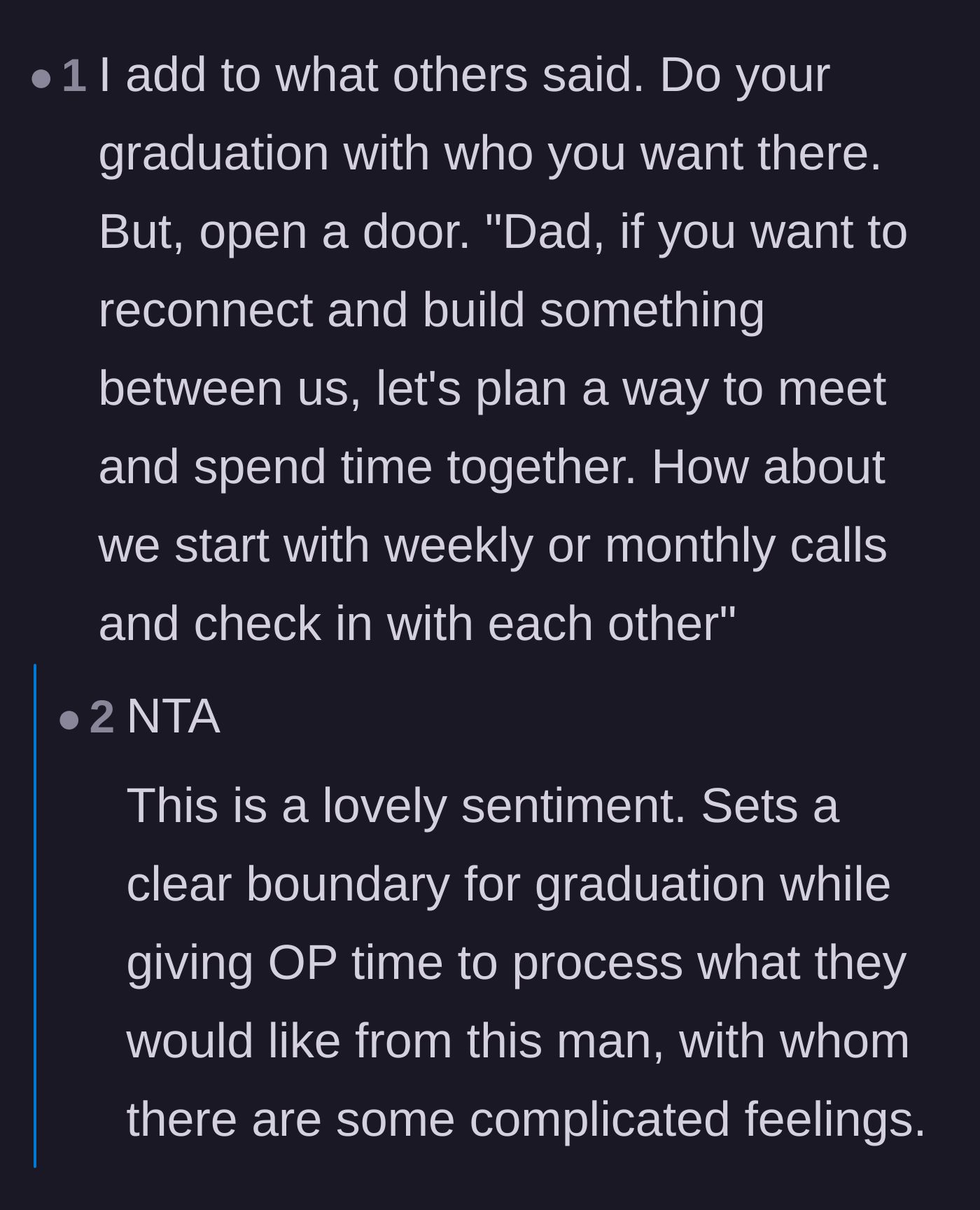 Comment thread 3 - Advice suggesting the son keep the graduation boundary but offer a path for future, smaller reconnections.