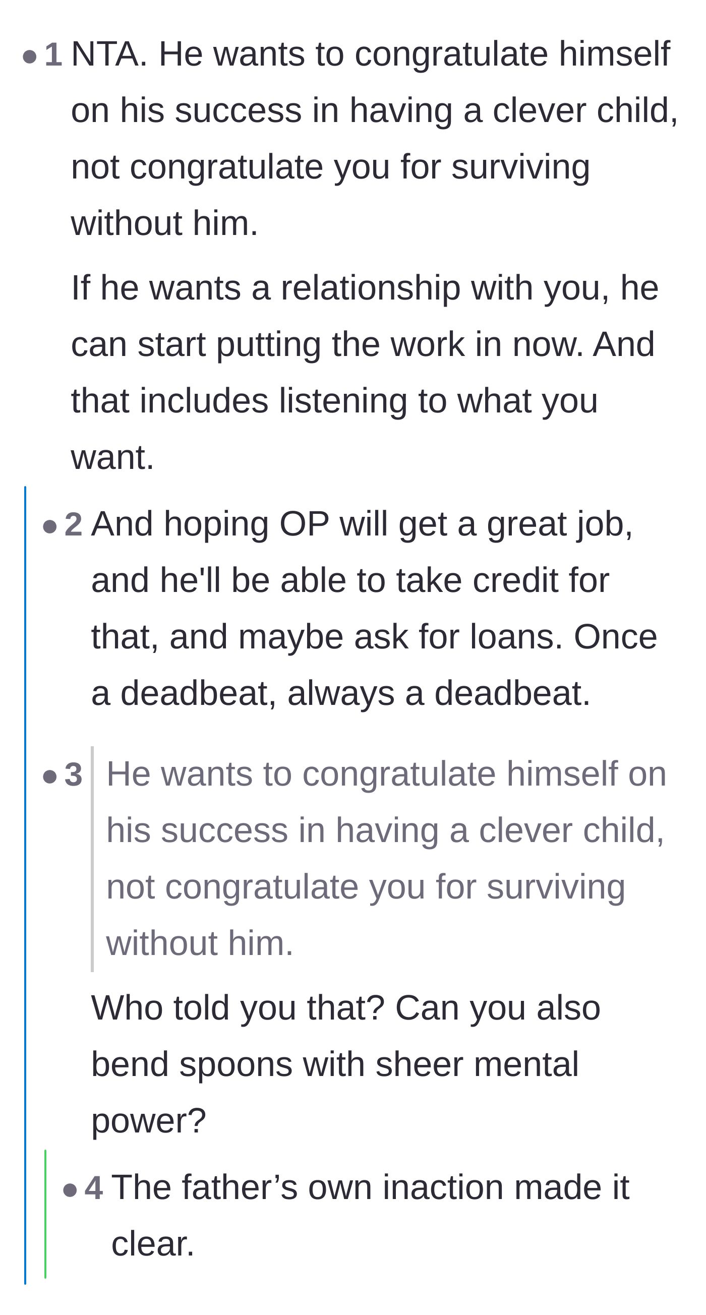 Comment thread 6 - A discussion analyzing how the dad only wants to celebrate his own ego, followed by readers defending the son's right to demand true accountability.