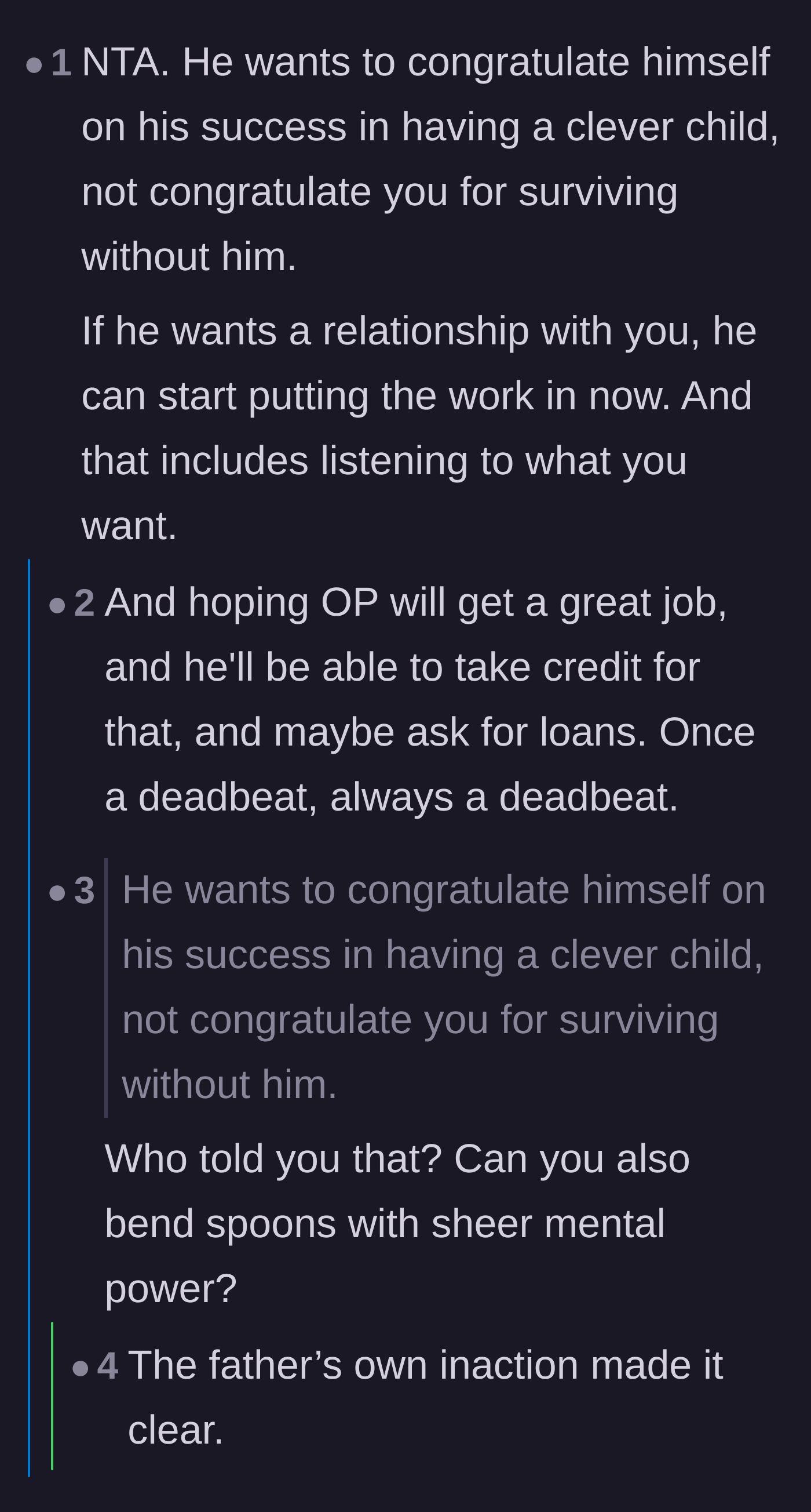 Comment thread 6 - A discussion analyzing how the dad only wants to celebrate his own ego, followed by readers defending the son's right to demand true accountability.