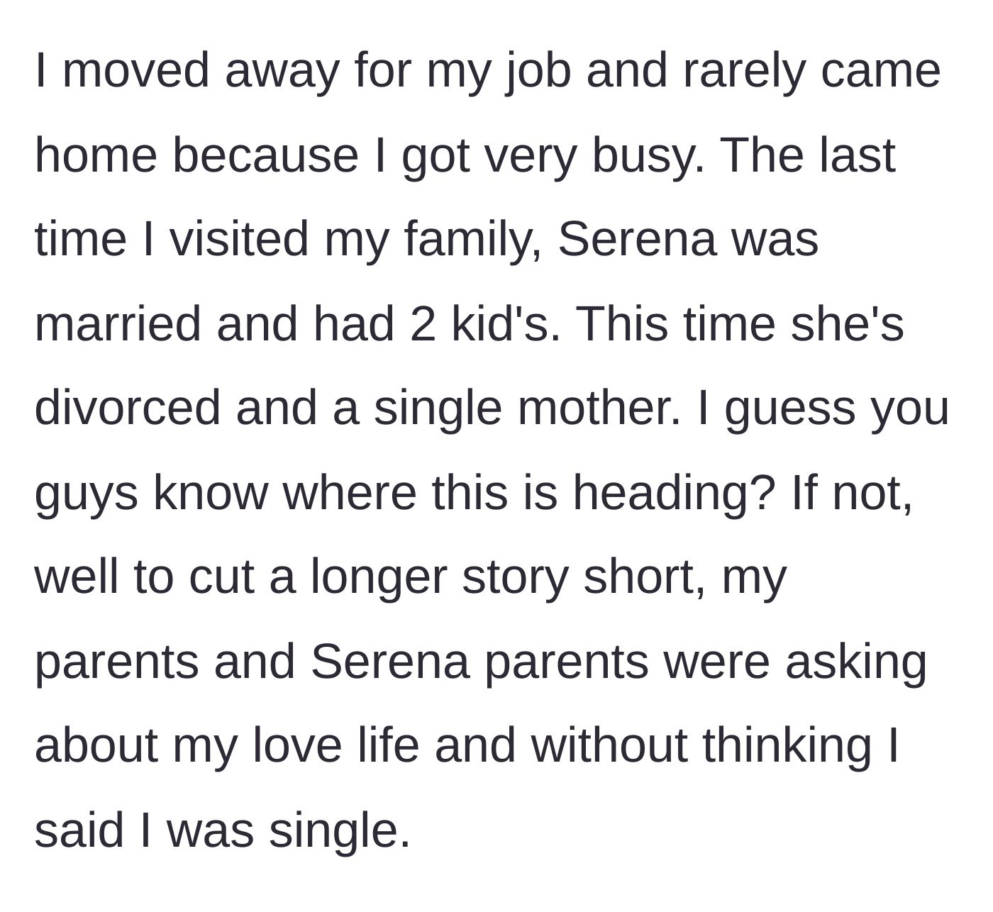 Story part 2 - Parents digging for their son's current relationship status