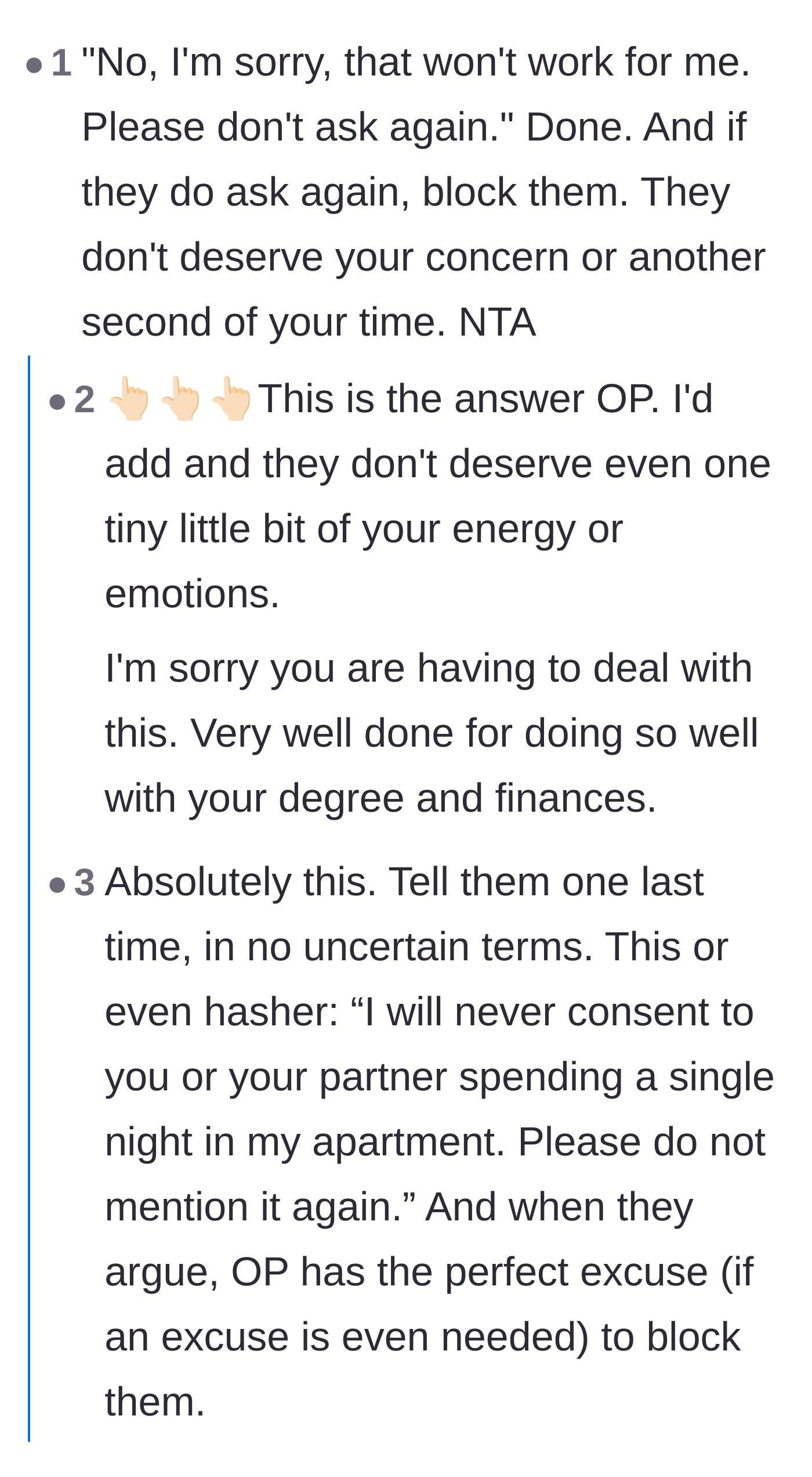 Comment thread 1 - Advice on shutting down the request with a firm no and immediately blocking the father