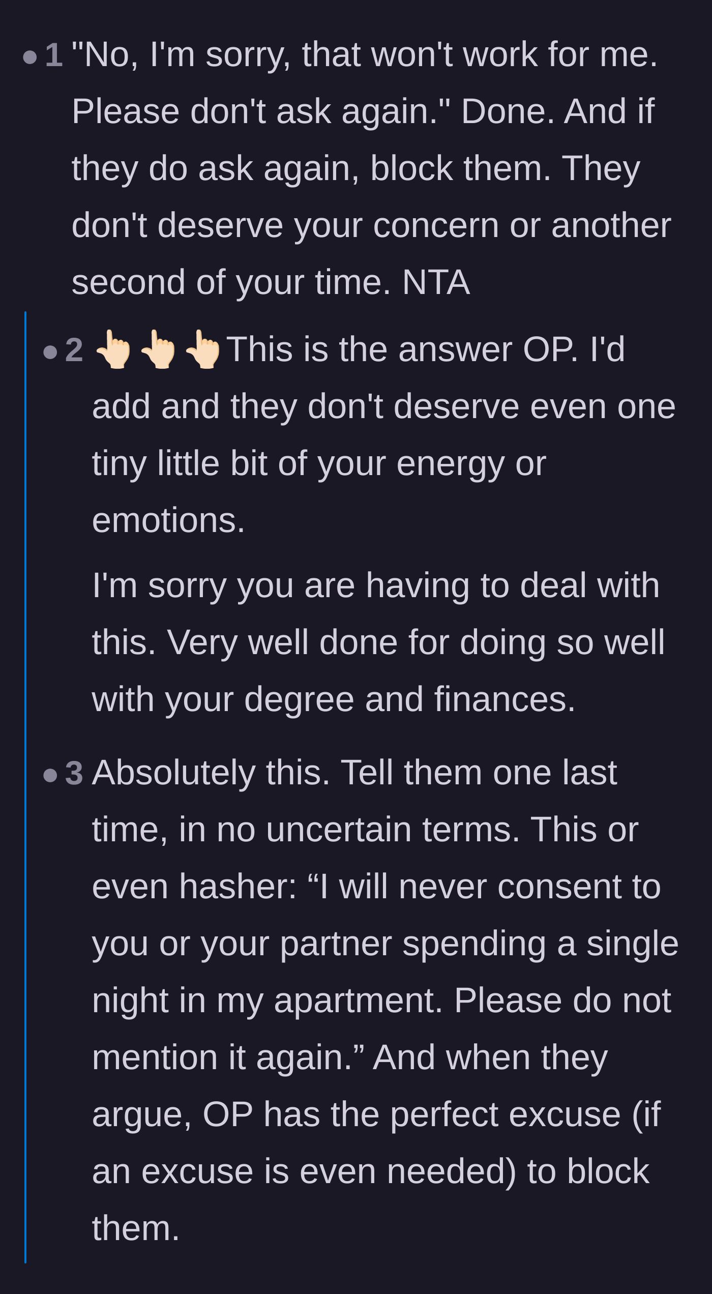 Comment thread 1 - Advice on shutting down the request with a firm no and immediately blocking the father