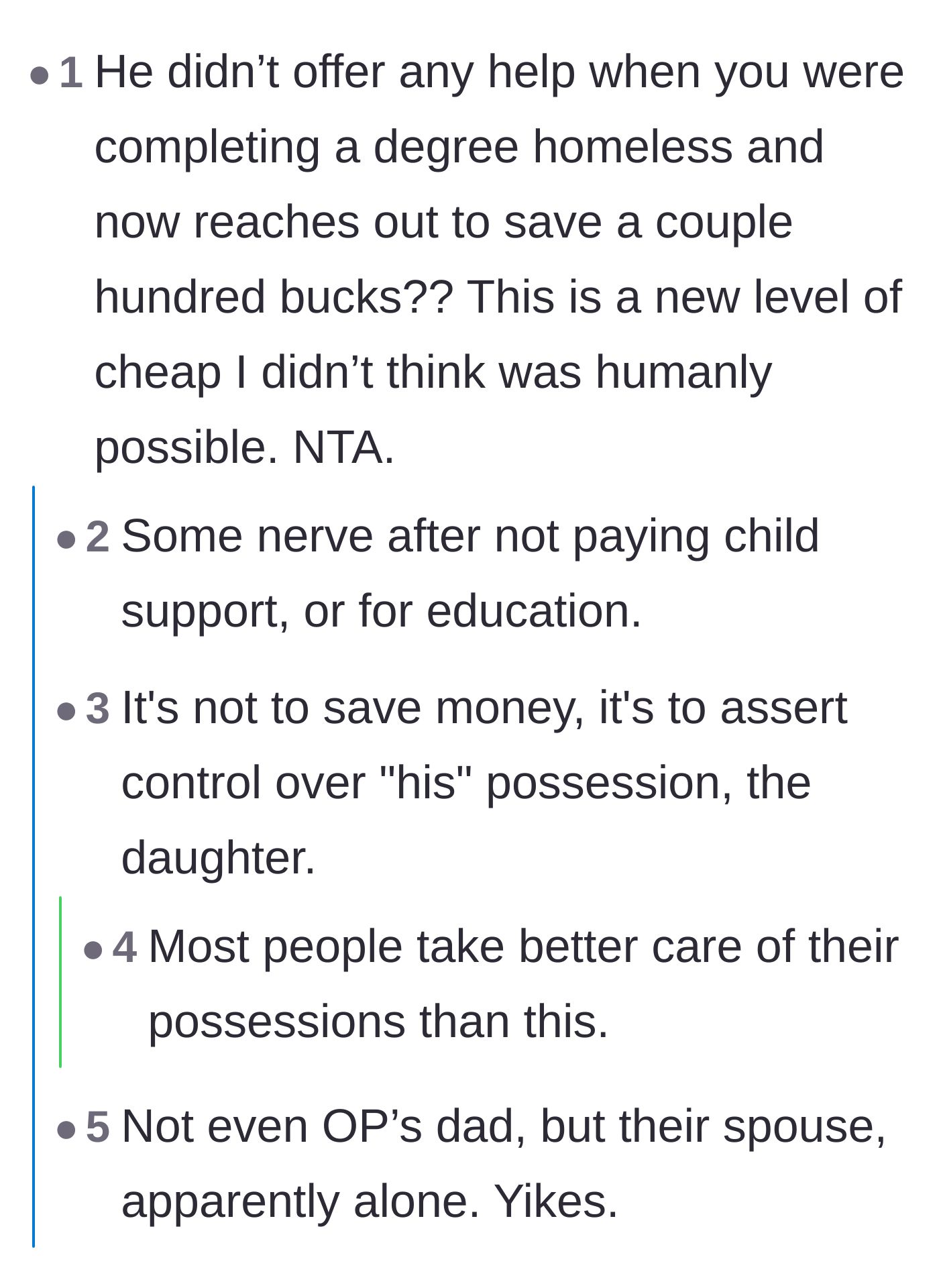 Comment thread 2 - Discussion dissecting the father's extreme cheapness and bizarre need to exert control