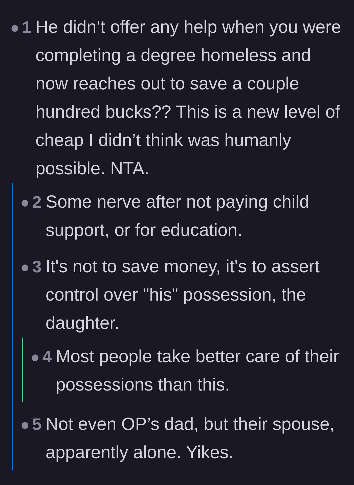 Comment thread 2 - Discussion dissecting the father's extreme cheapness and bizarre need to exert control