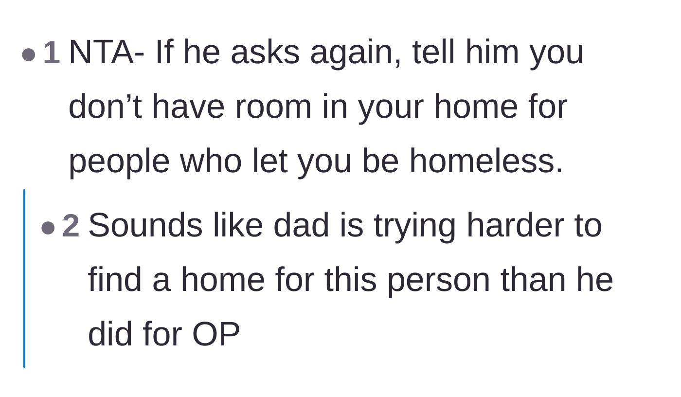 Comment thread 4 - Recommending a blunt refusal pointing out the father allowed his child to experience homelessness