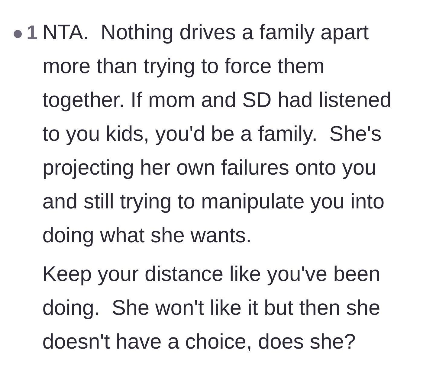 Comment thread 2 - A commenter pointing out that the mother is projecting her own failures onto her daughter instead of listening.