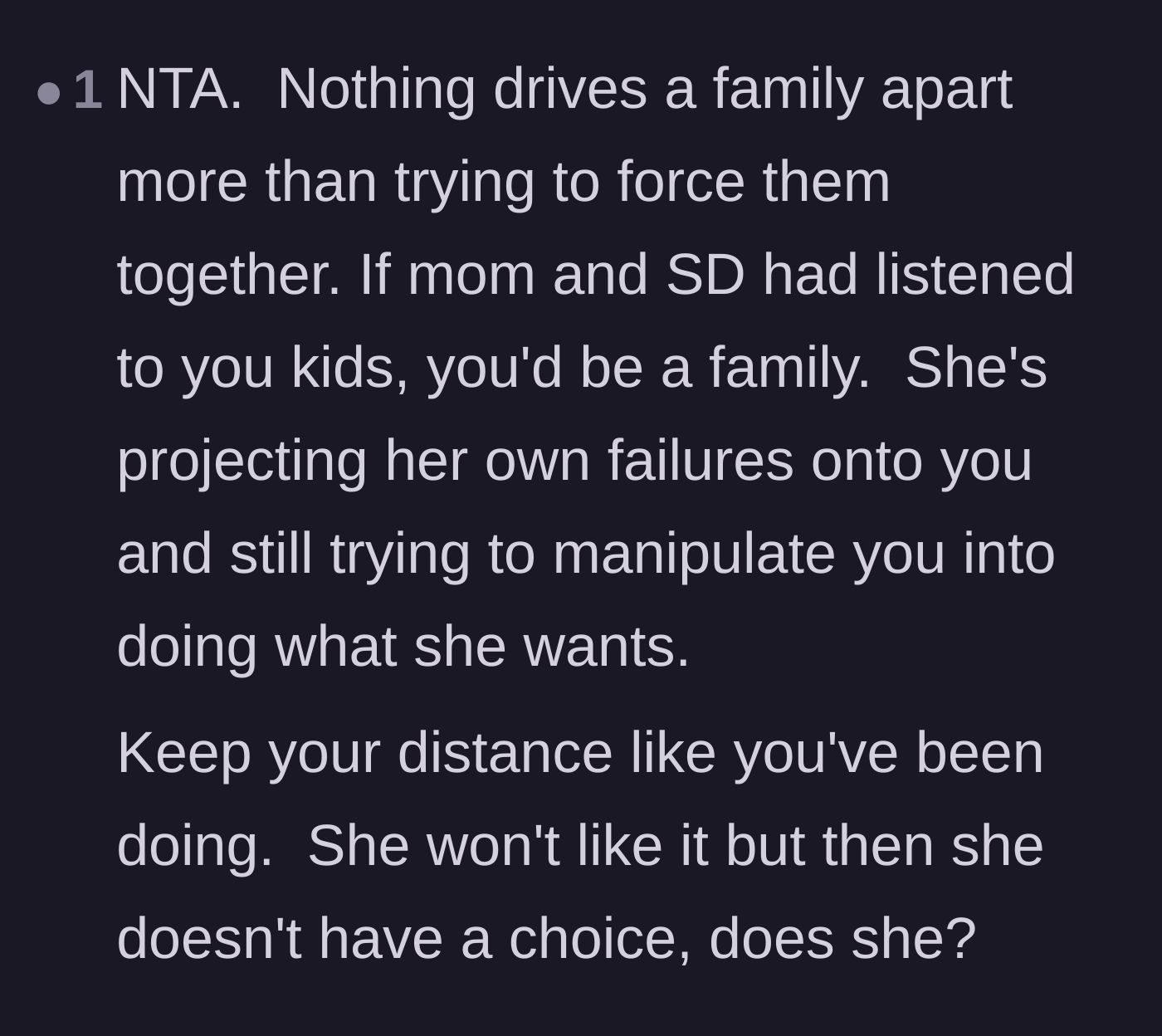 Comment thread 2 - A commenter pointing out that the mother is projecting her own failures onto her daughter instead of listening.