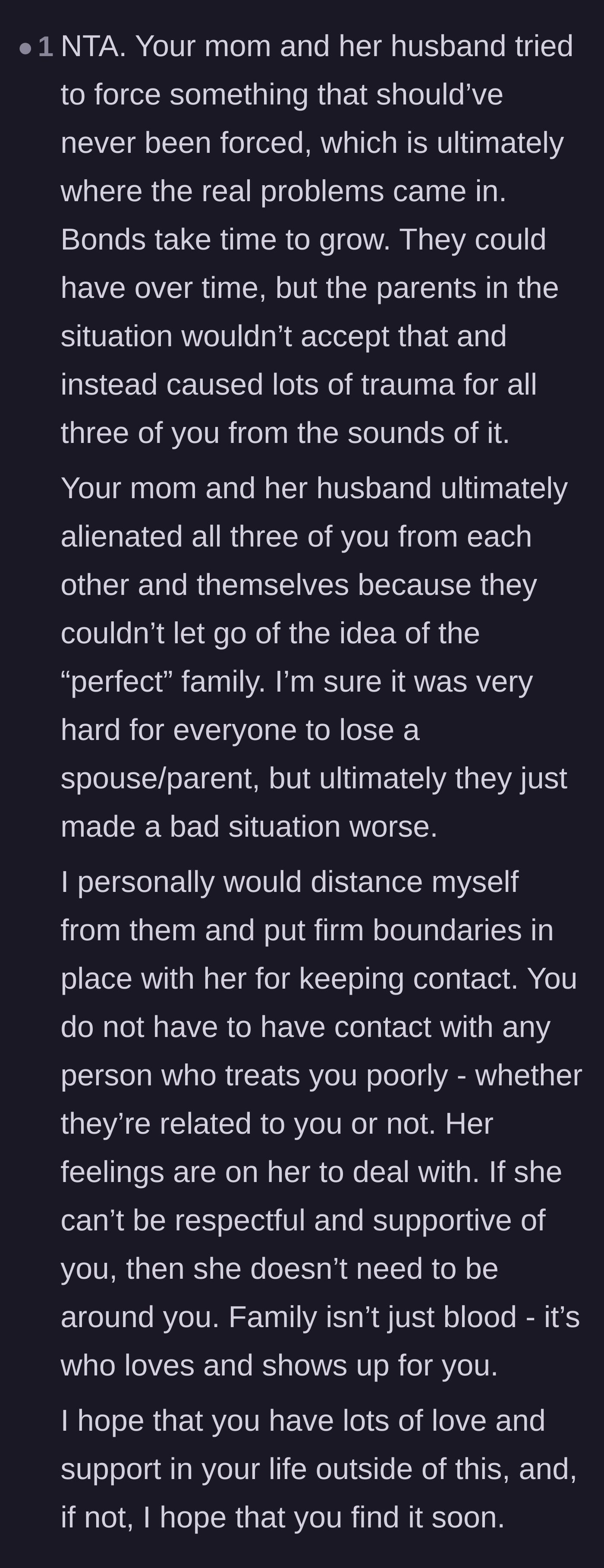 Comment thread 5 - A compassionate message validating the trauma caused by the parents and encouraging the daughter to protect her peace.