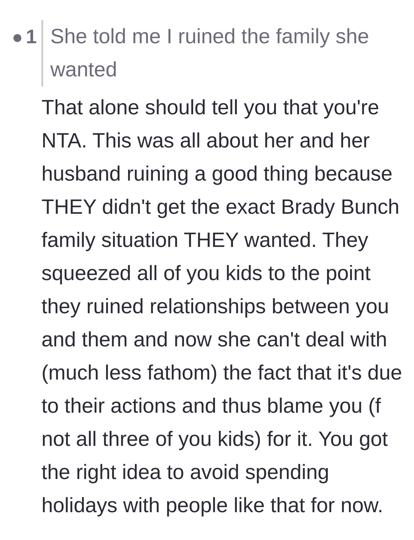 Comment thread 6 - Pointing out the mother's selfish blame game over her ruined expectations.