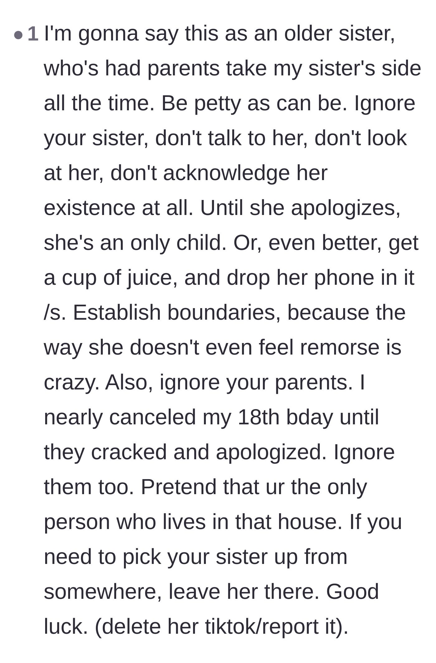 Comment thread 2 - An older sister advising the main character to aggressively ignore her family and treat her sibling as if she doesn't exist.