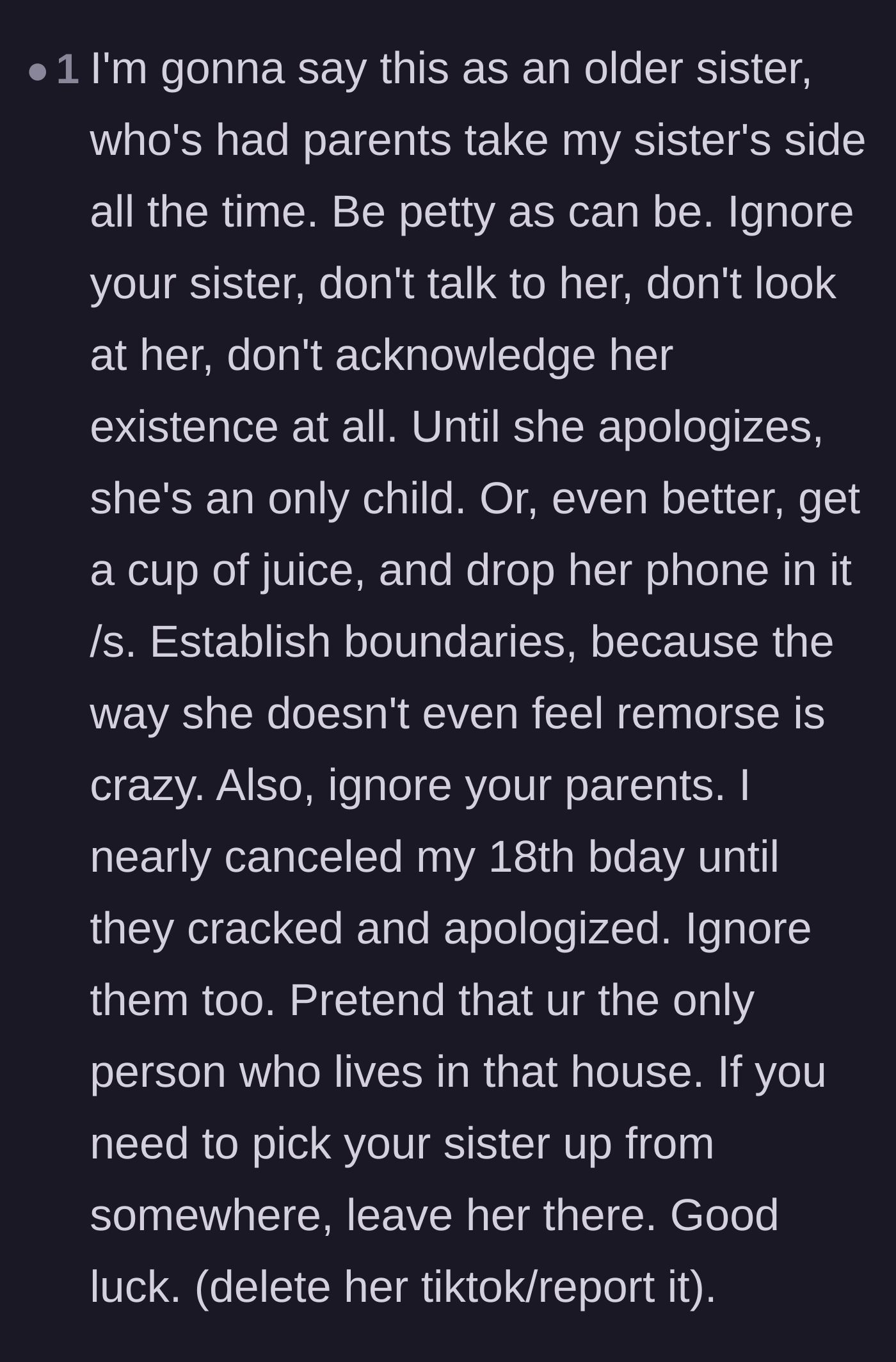Comment thread 2 - An older sister advising the main character to aggressively ignore her family and treat her sibling as if she doesn't exist.