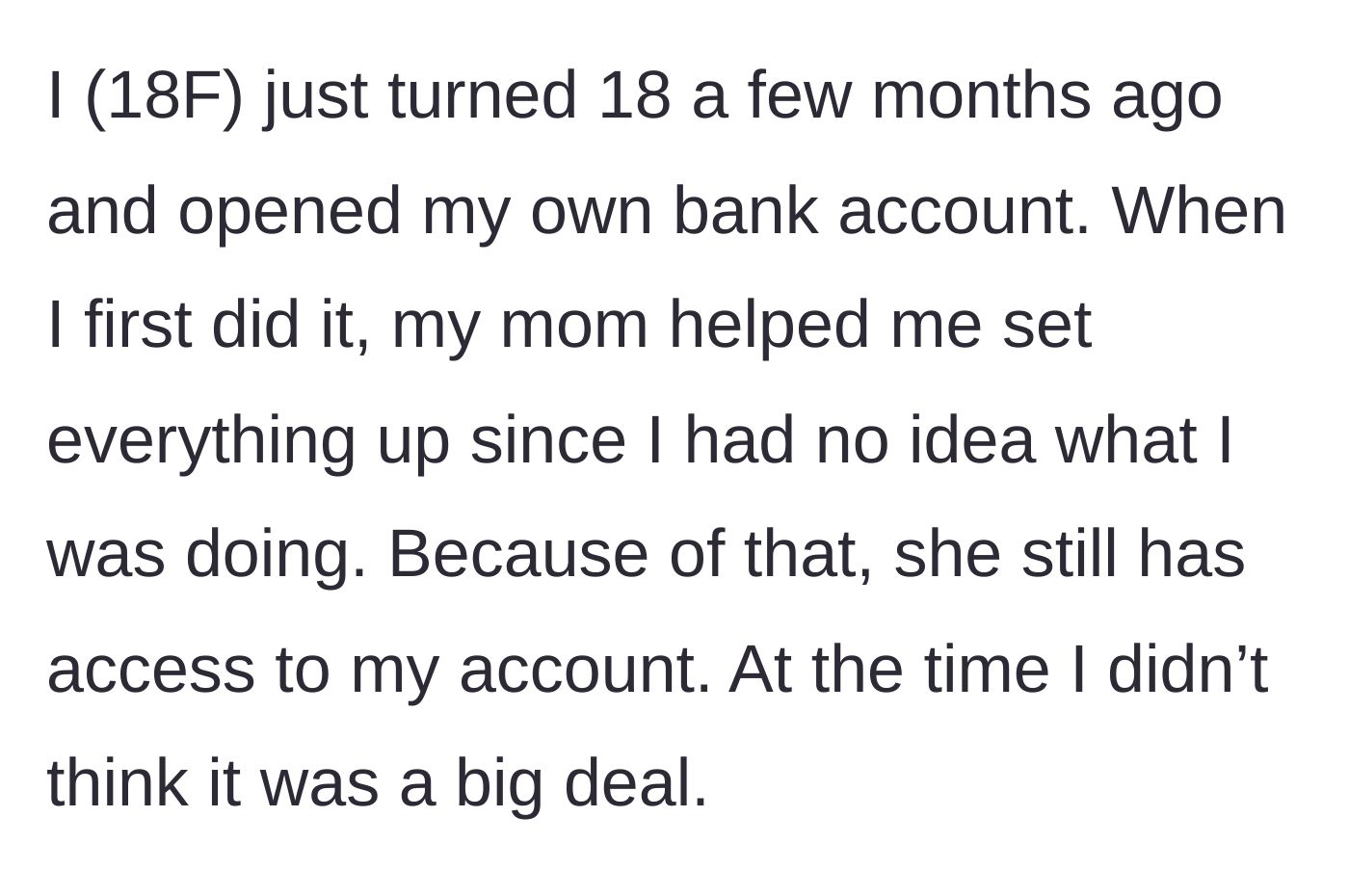 Story part 1 - An 18-year-old girl sitting at a desk, getting help from her mother to fill out paperwork for her first bank account.