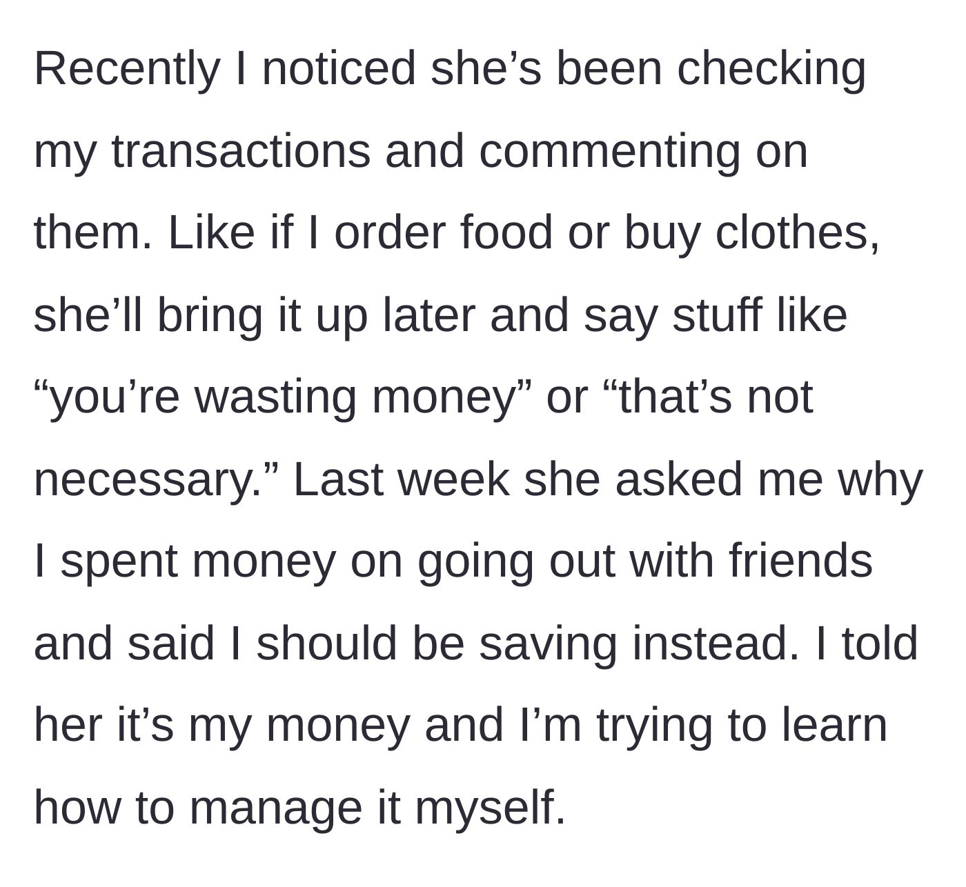 Story part 2 - The mother glaring at a smartphone screen, monitoring bank transactions and lecturing her daughter about buying a sandwich.