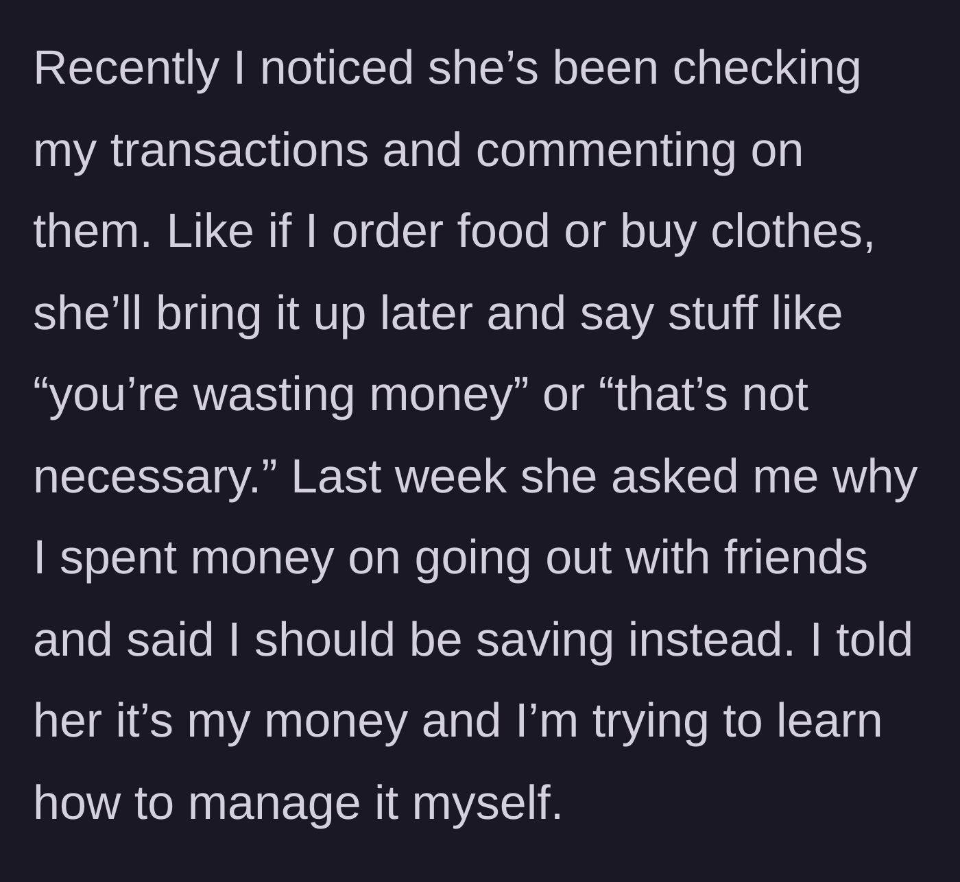 Story part 2 - The mother glaring at a smartphone screen, monitoring bank transactions and lecturing her daughter about buying a sandwich.
