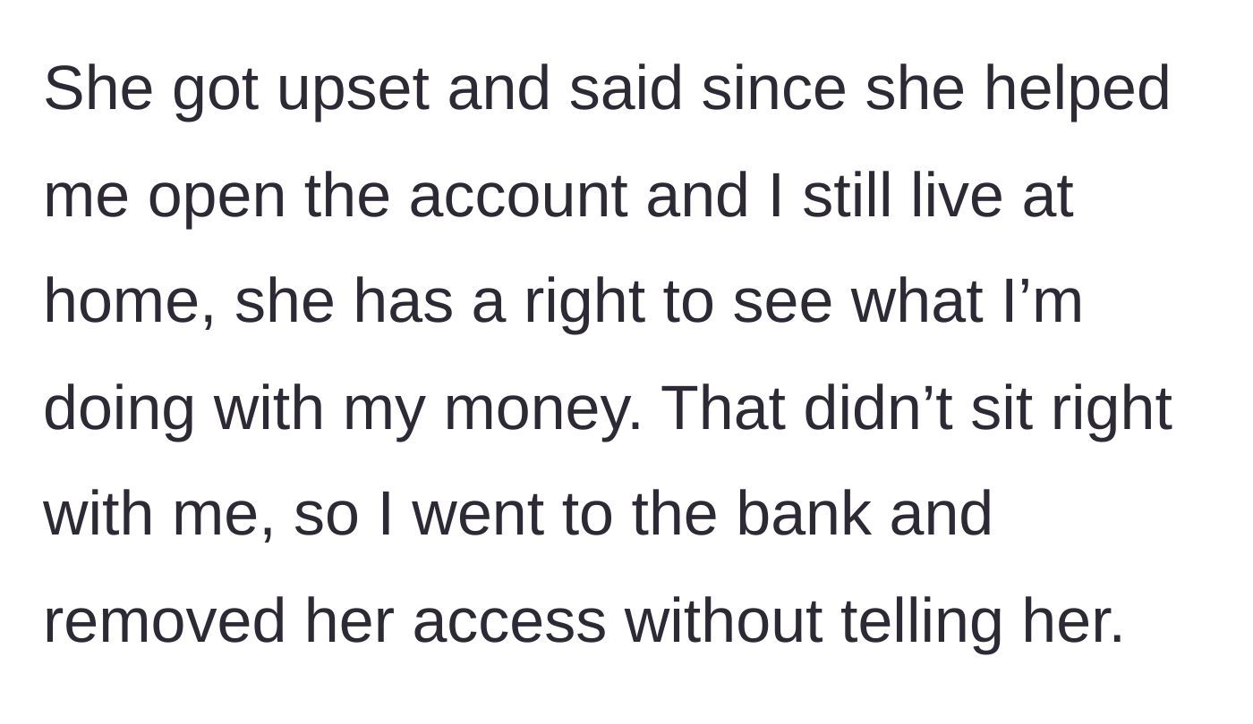 Story part 3 - The teenager walking confidently into a local bank branch to independently remove her mother's account access with a teller.
