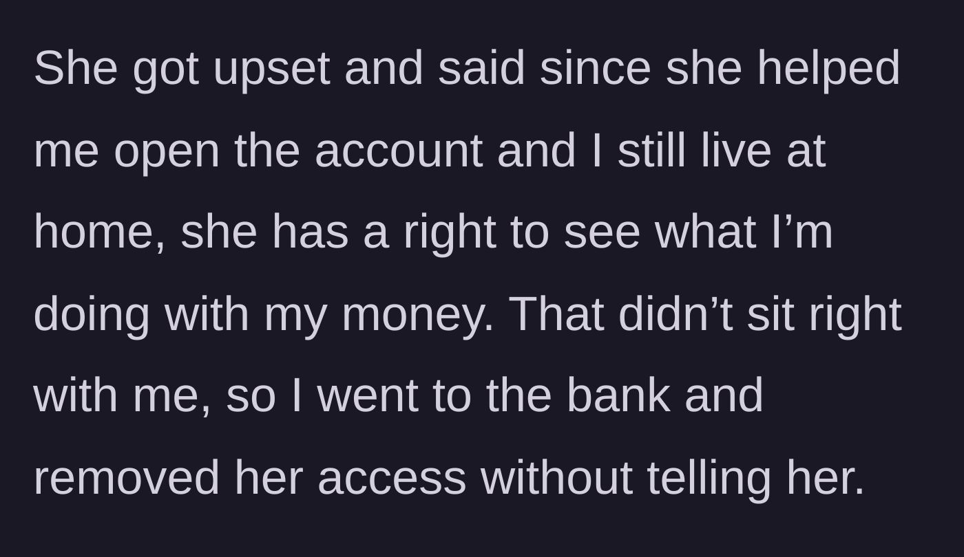 Story part 3 - The teenager walking confidently into a local bank branch to independently remove her mother's account access with a teller.