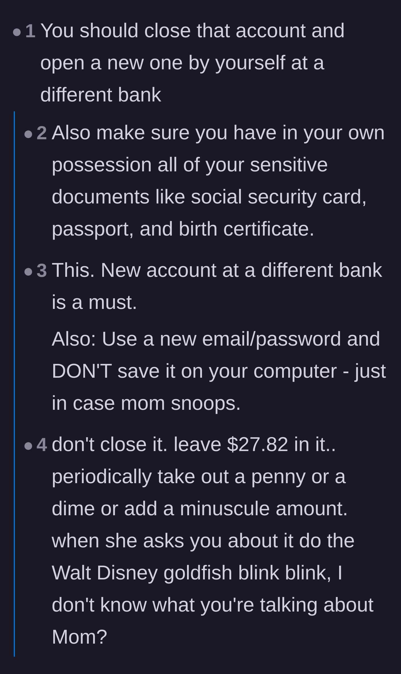 Commenters advising the teenager to open a completely new bank account at a different bank and secure her sensitive documents.