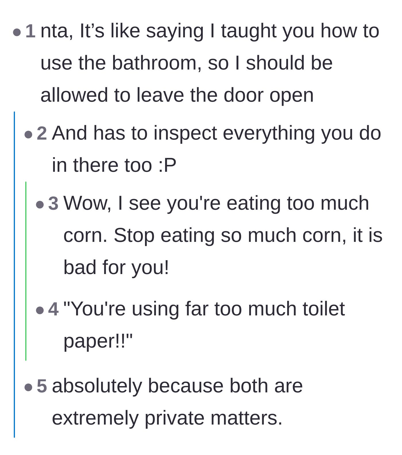 A comedic thread comparing the mother's financial monitoring to teaching a child to use the bathroom and then demanding the door stay open forever.