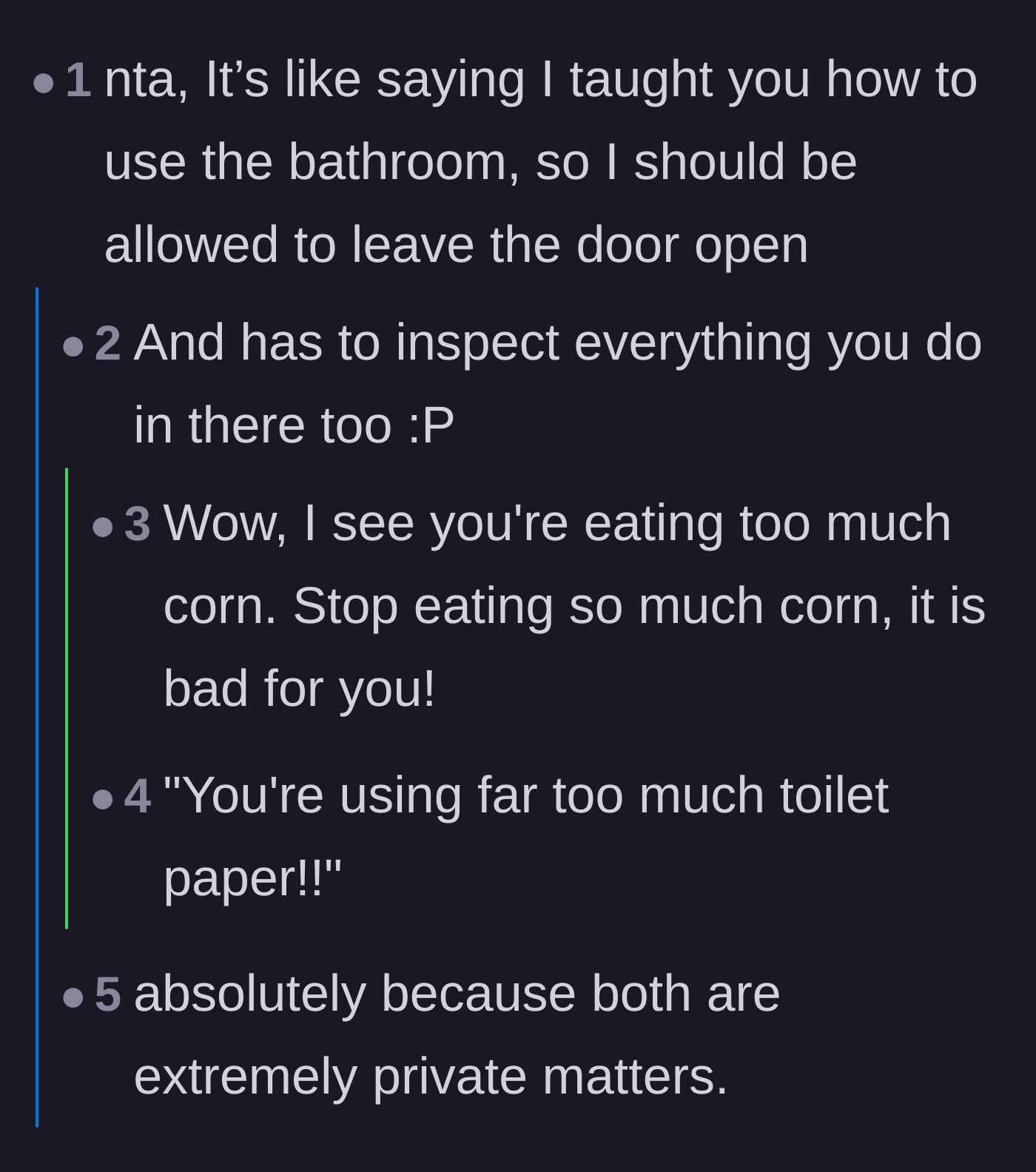 A comedic thread comparing the mother's financial monitoring to teaching a child to use the bathroom and then demanding the door stay open forever.