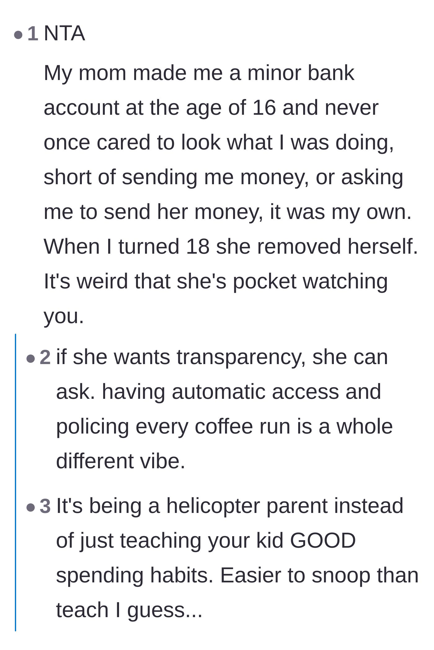 Readers sharing stories of normal parents who respected financial boundaries and discussing how snooping permanently destroys trust.