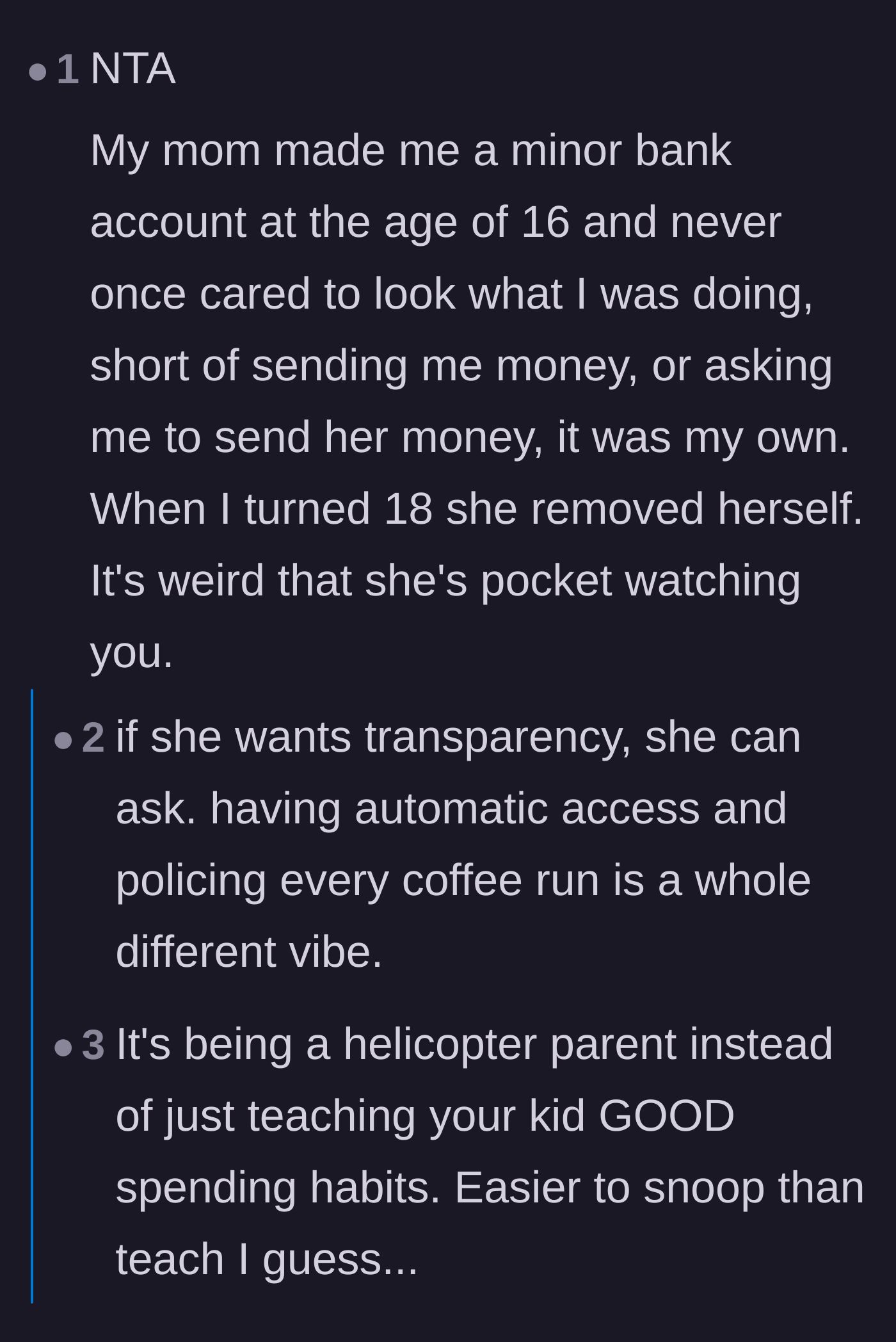 Readers sharing stories of normal parents who respected financial boundaries and discussing how snooping permanently destroys trust.