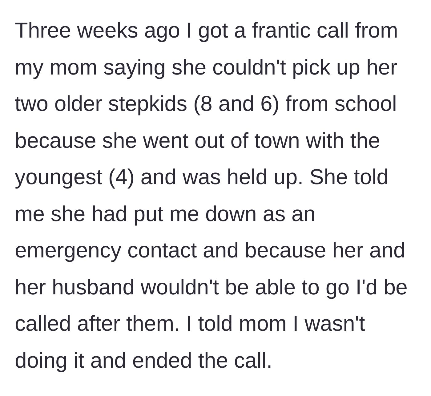 Story part 2 - The mother calls frantically, revealing she secretly listed her daughter as an emergency contact for step-kids.
