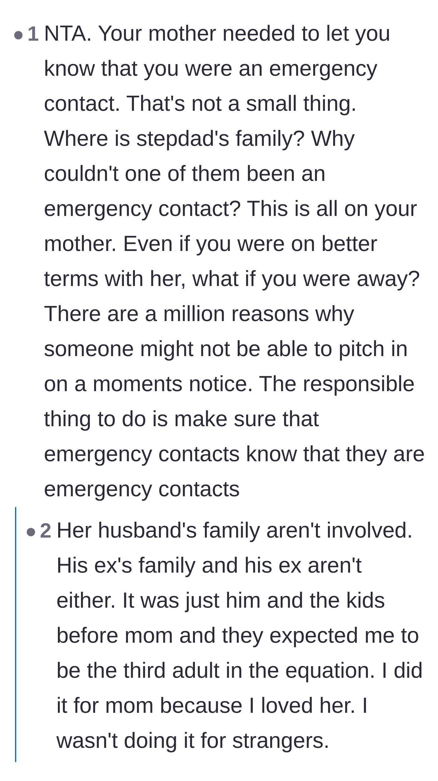 Comment thread 1 - Debate over the lack of consent in being an emergency contact and the stepdad's absent family.
