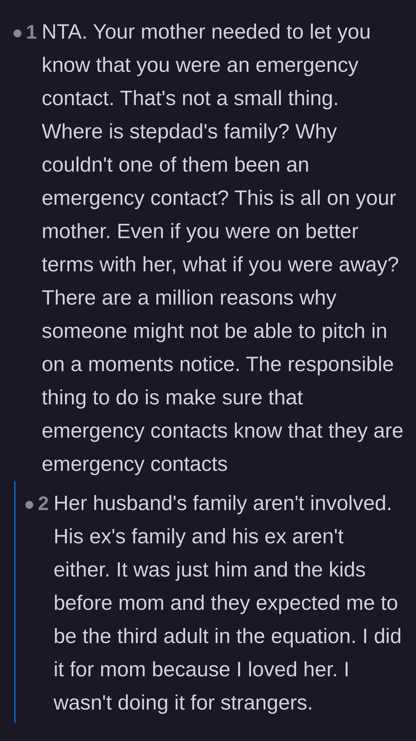 Comment thread 1 - Debate over the lack of consent in being an emergency contact and the stepdad's absent family.