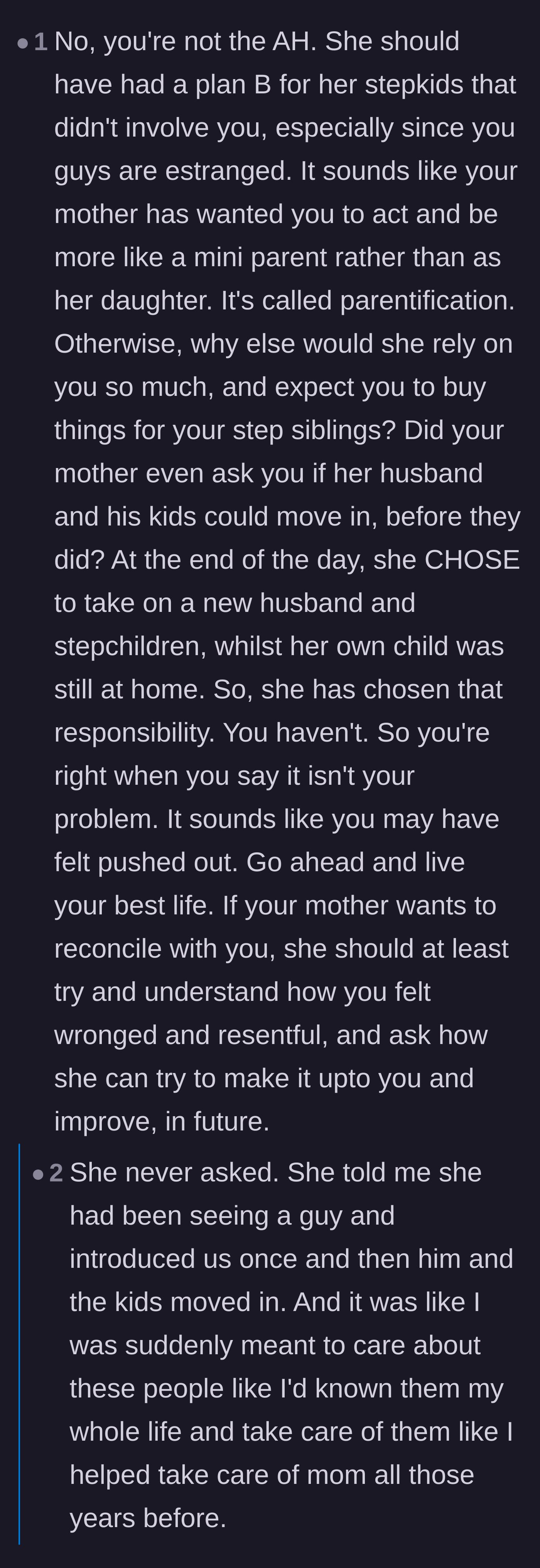 Comment thread 5 - Analyzing the history of parentification and the mother treating her daughter like a third parent.