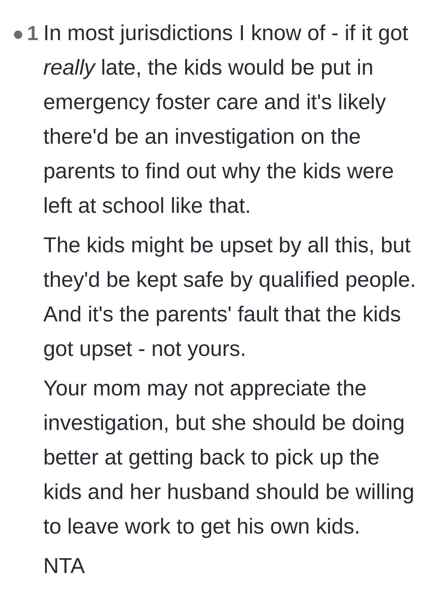 Comment thread 6 - Explaining the legal consequences of abandoning kids at school and how the parents are solely liable.