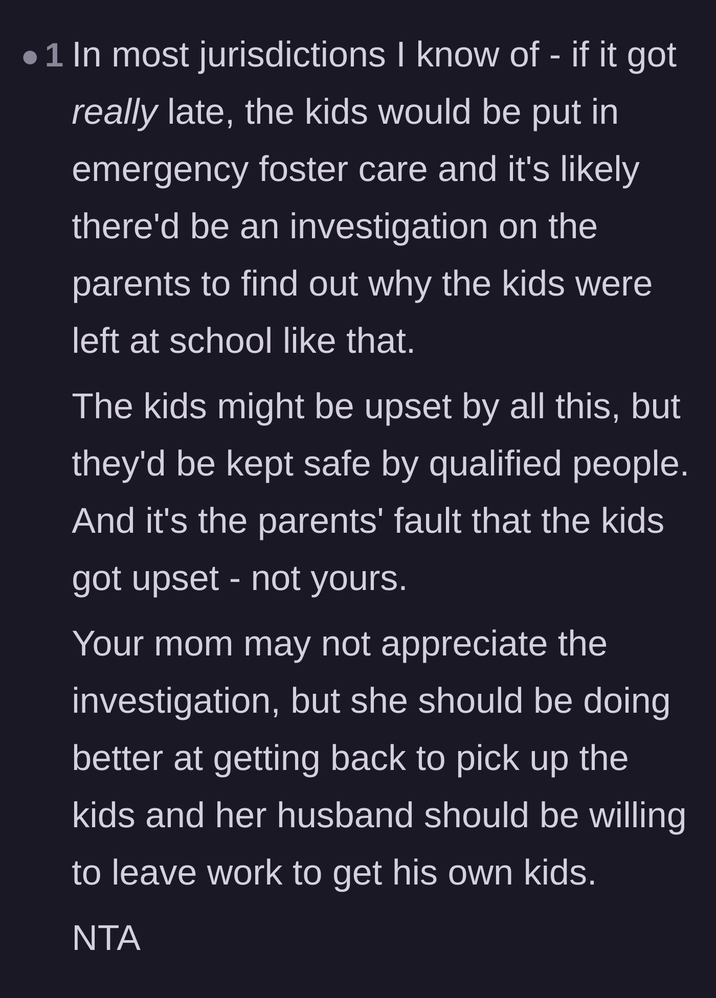 Comment thread 6 - Explaining the legal consequences of abandoning kids at school and how the parents are solely liable.