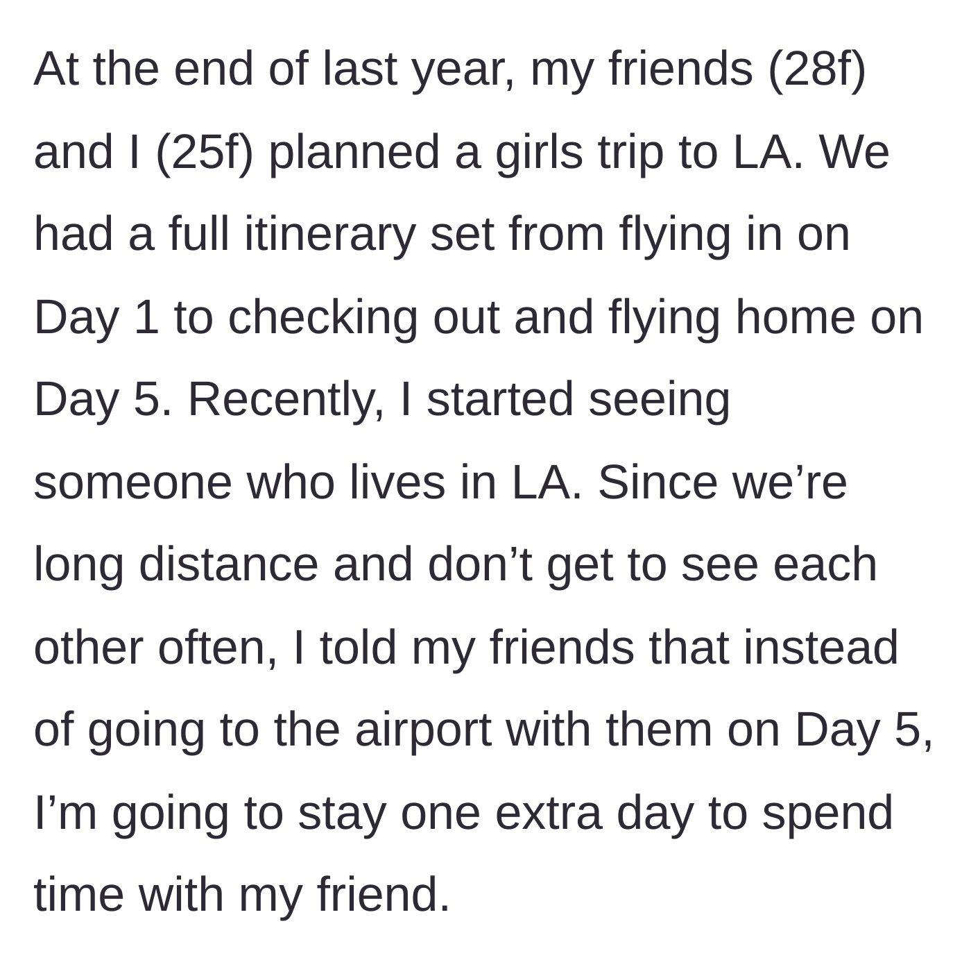 Story part 1 - A split-screen showing a fun, jam-packed girls' trip itinerary next to a romantic text message from a long-distance crush.