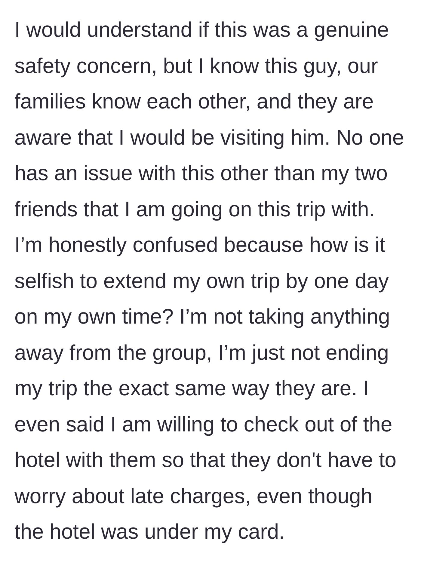 Story part 3 - A woman holding a hotel key card, shrugging in utter confusion at her friends' bizarre and incredibly flawed logic.