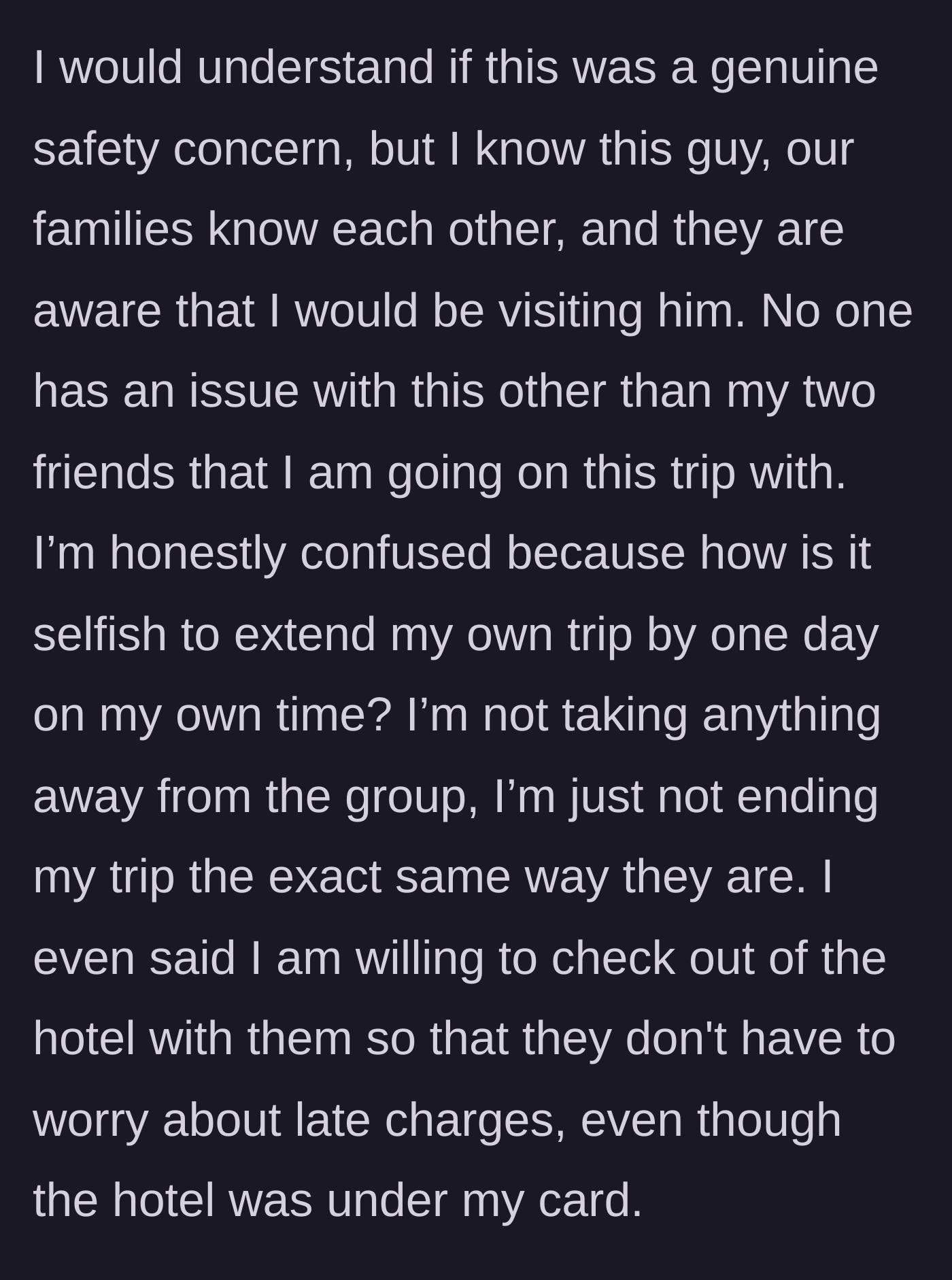Story part 3 - A woman holding a hotel key card, shrugging in utter confusion at her friends' bizarre and incredibly flawed logic.