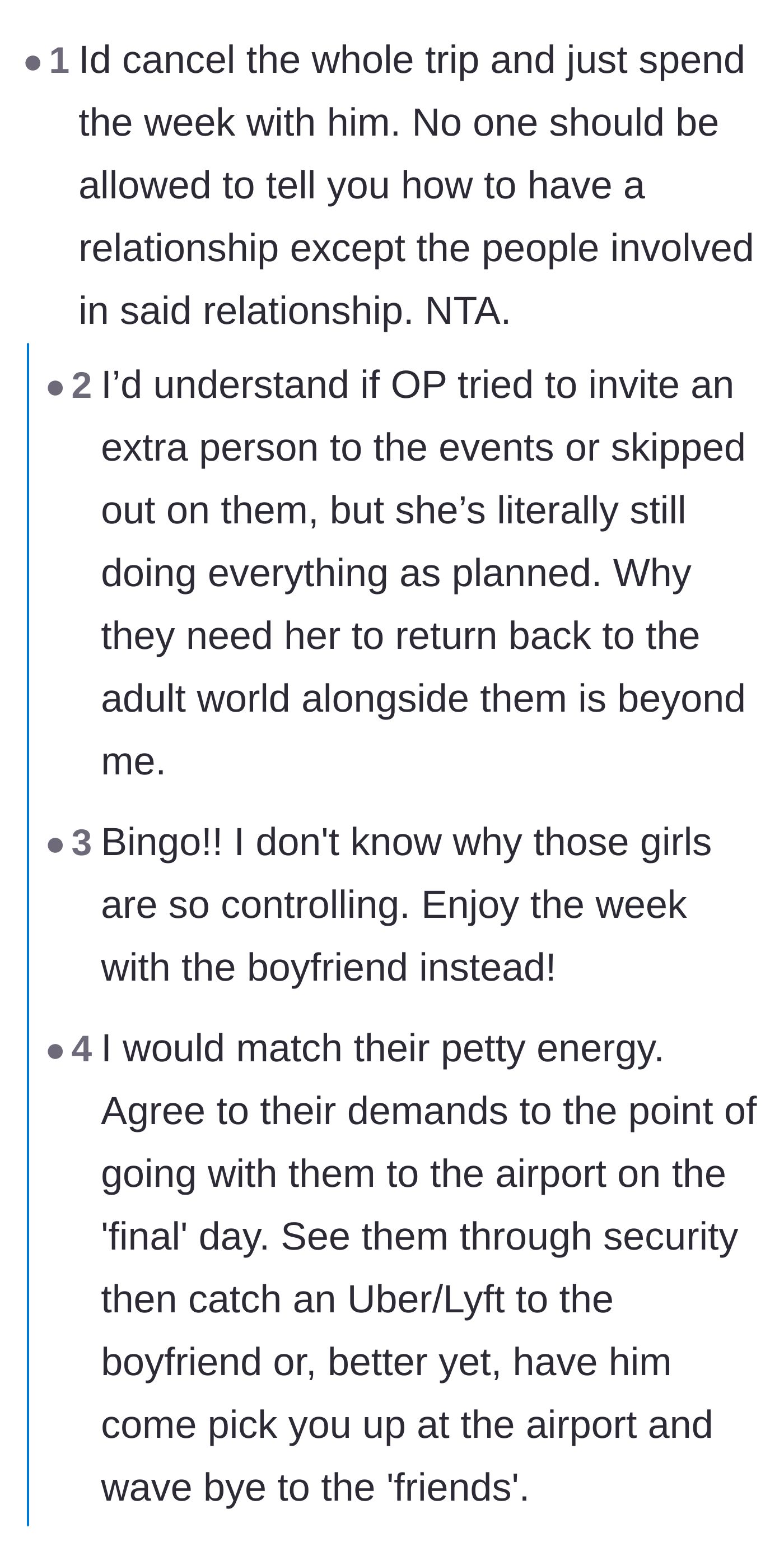 Comment thread 1 - A long thread debating whether she should cancel the whole trip or match their pettiness by ditching them at airport security.