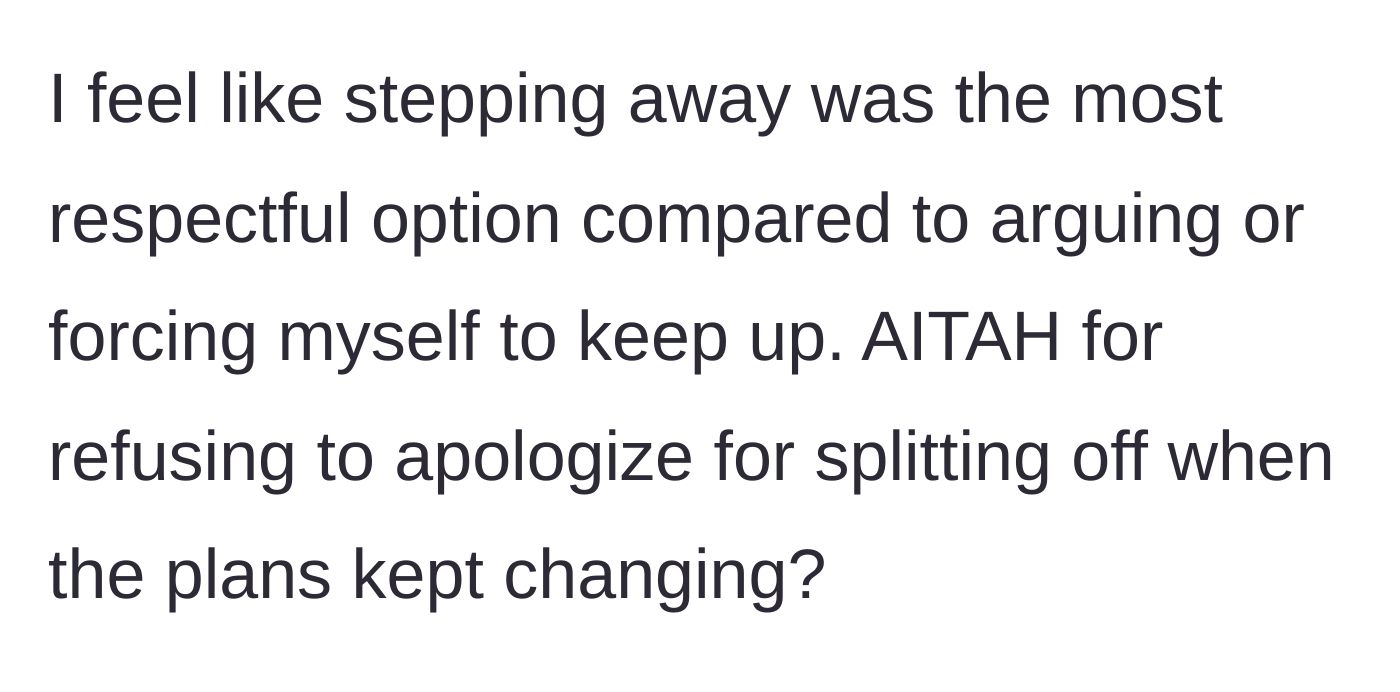 Story part 5 - The woman reflects on whether she was wrong to politely step away instead of arguing, questioning if she owes them an apology.