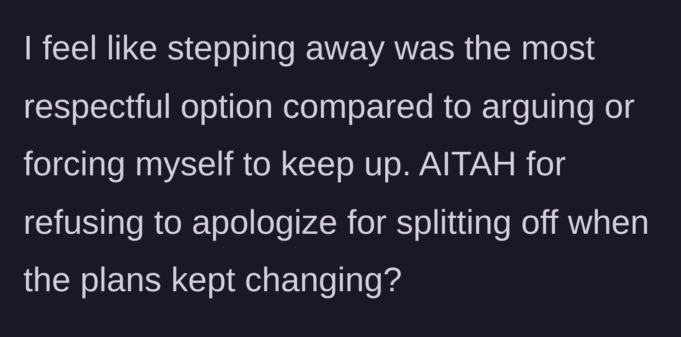 Story part 5 - The woman reflects on whether she was wrong to politely step away instead of arguing, questioning if she owes them an apology.