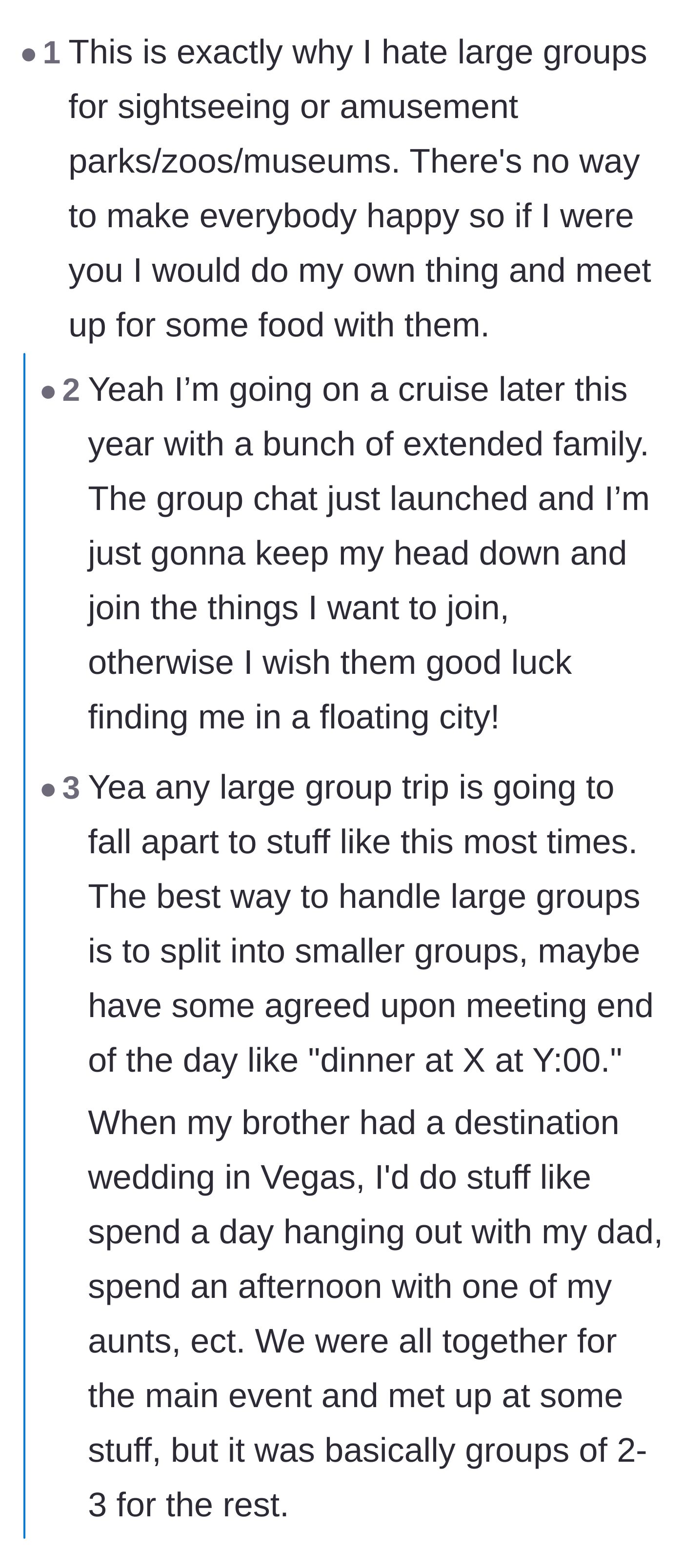 Comment thread 1 - Readers sharing their own survival strategies for avoiding massive family travel groups by splitting up.