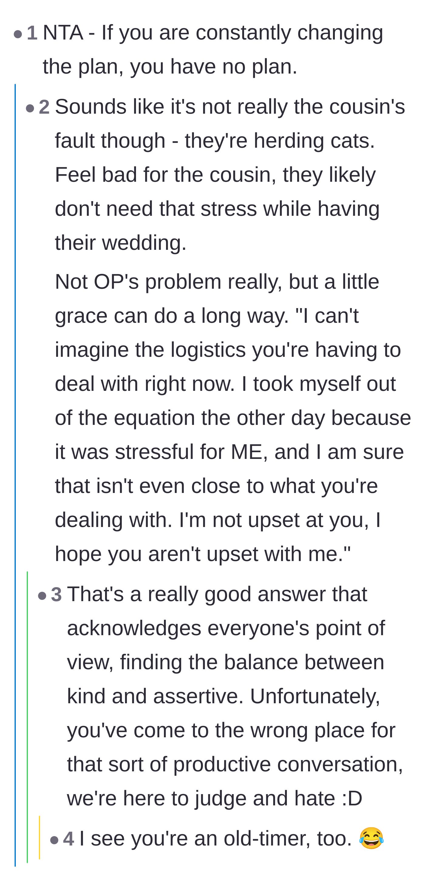 Comment thread 2 - A debate on showing the overwhelmed cousin some grace while still fiercely holding boundaries.