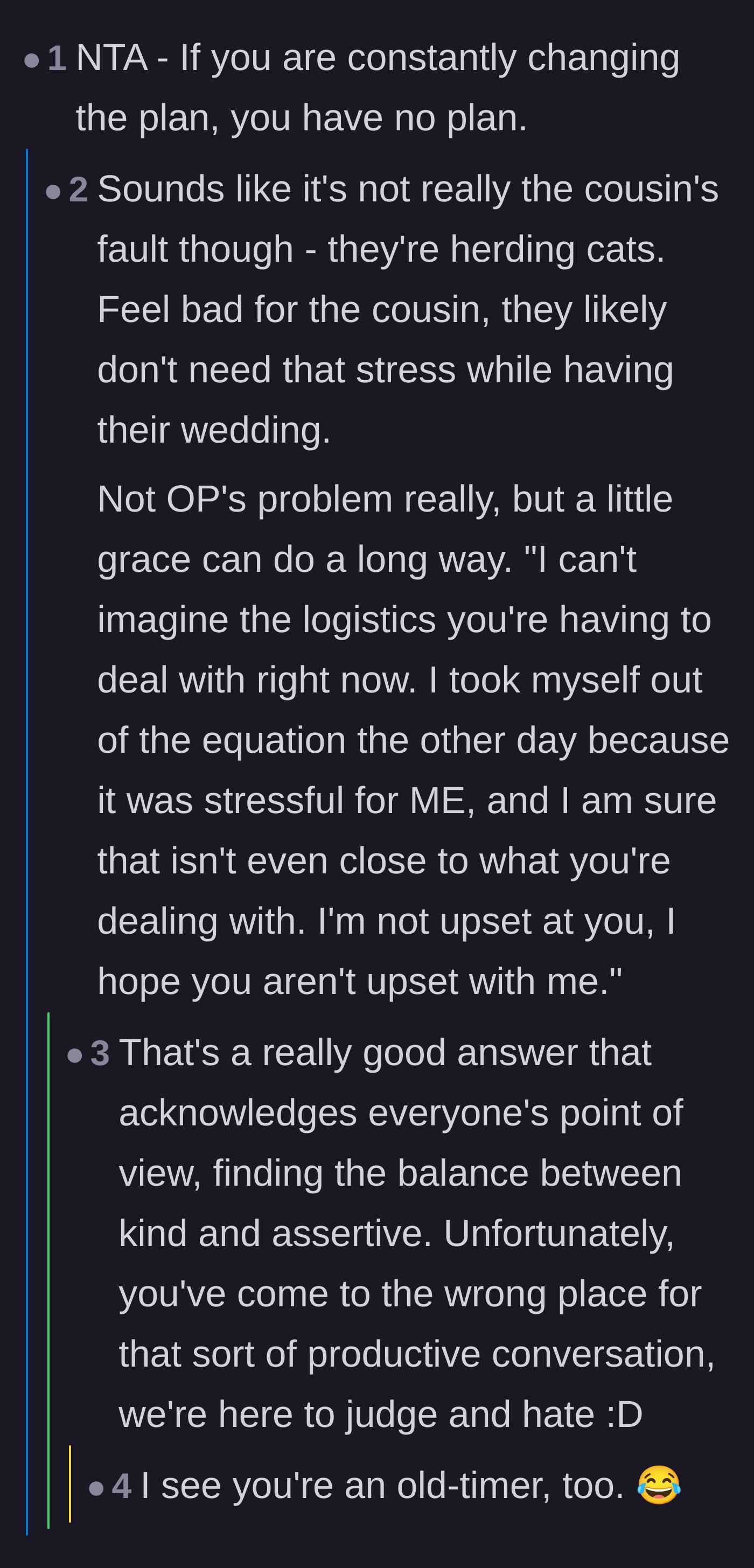 Comment thread 2 - A debate on showing the overwhelmed cousin some grace while still fiercely holding boundaries.